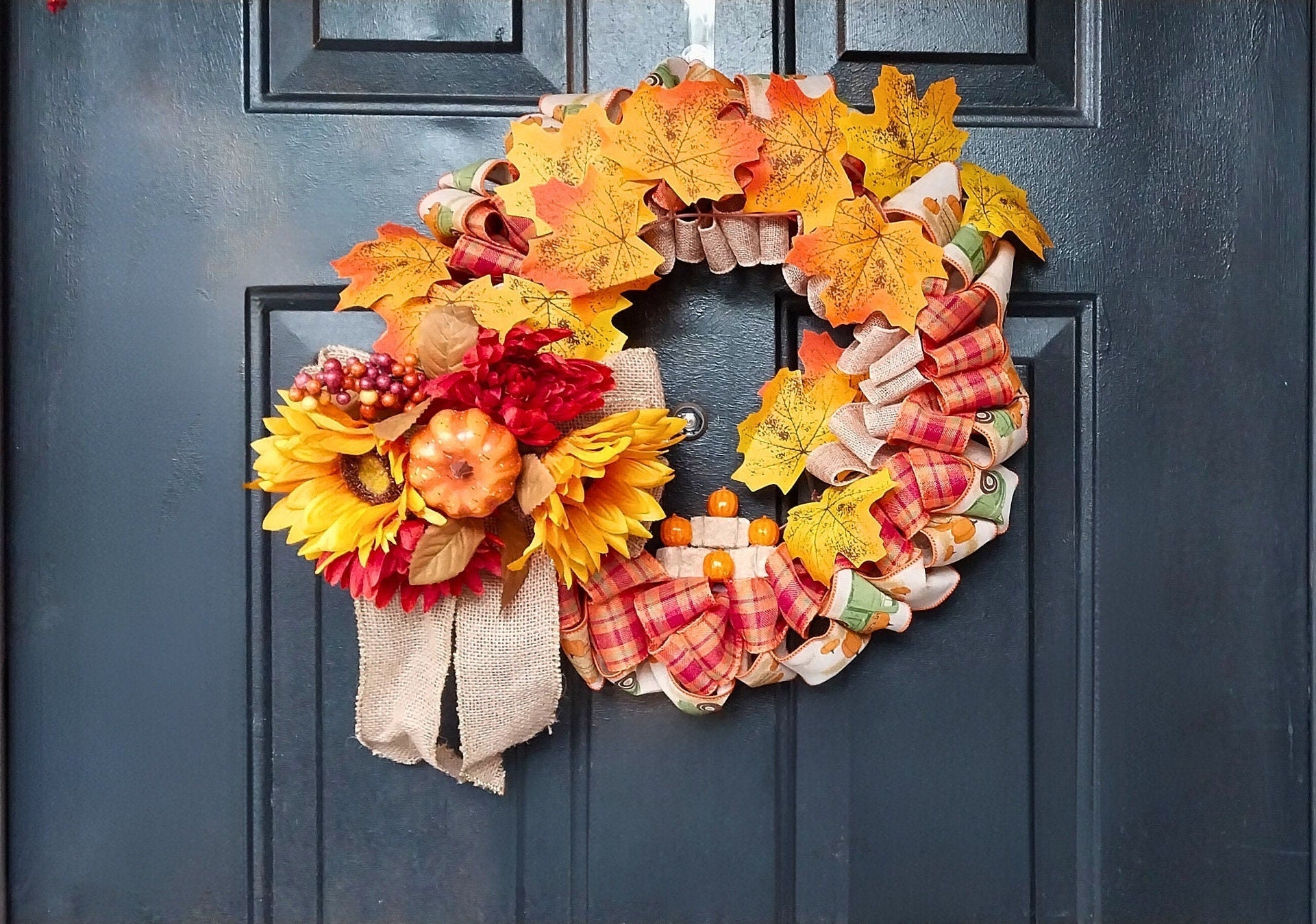 Country Farmhouse Autumn Leaves Hay Bales & Pumpkins Busy Festive Fall Wreath For Front Door Decoration - Moon & Starr Handcrafted Jewelry && More!