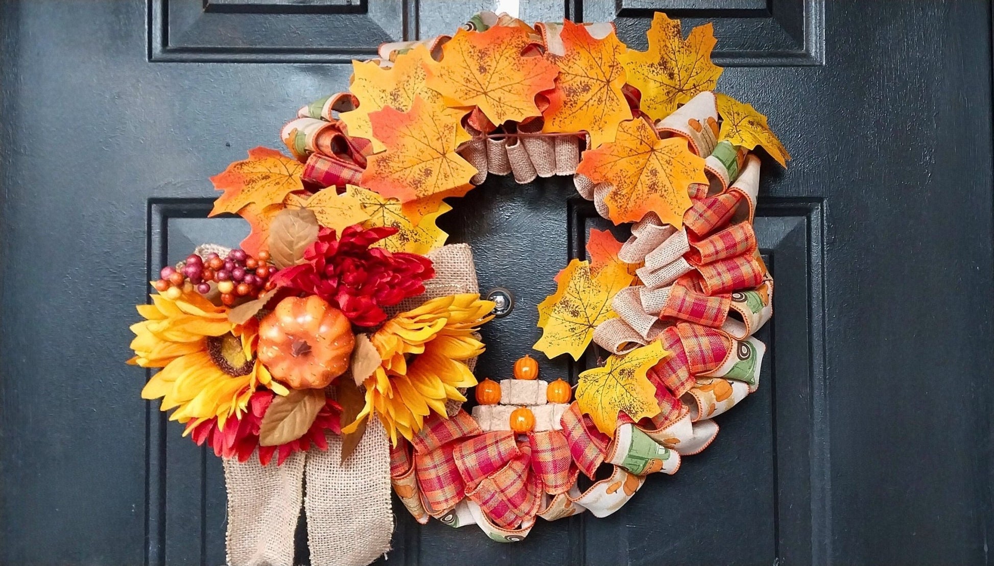 Country Farmhouse Autumn Leaves Hay Bales & Pumpkins Busy Festive Fall Wreath For Front Door Decoration - Moon & Starr Handcrafted Jewelry && More!