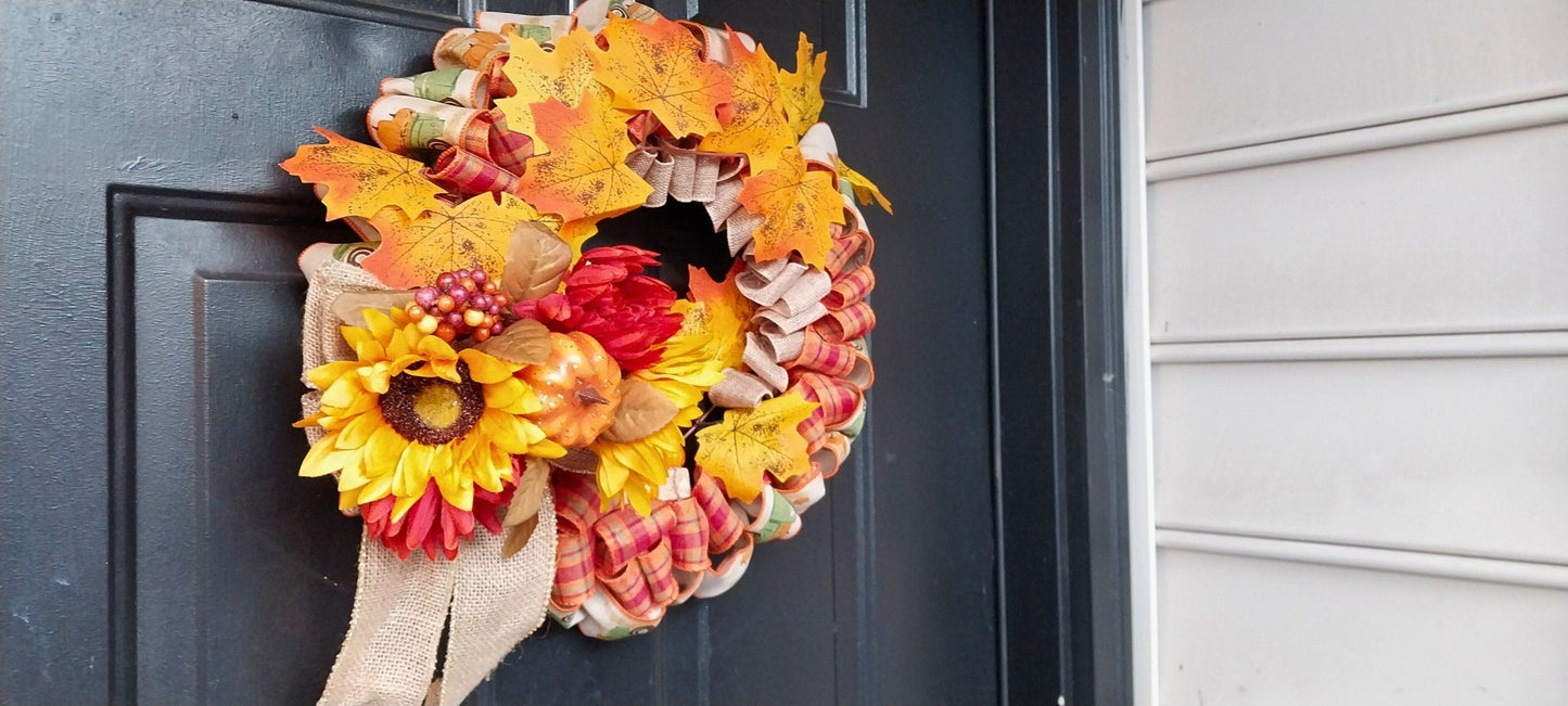 Country Farmhouse Autumn Leaves Hay Bales & Pumpkins Busy Festive Fall Wreath For Front Door Decoration - Moon & Starr Handcrafted Jewelry && More!