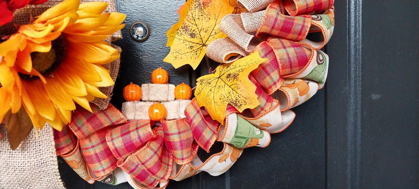 Country Farmhouse Autumn Leaves Hay Bales & Pumpkins Busy Festive Fall Wreath For Front Door Decoration - Moon & Starr Handcrafted Jewelry && More!