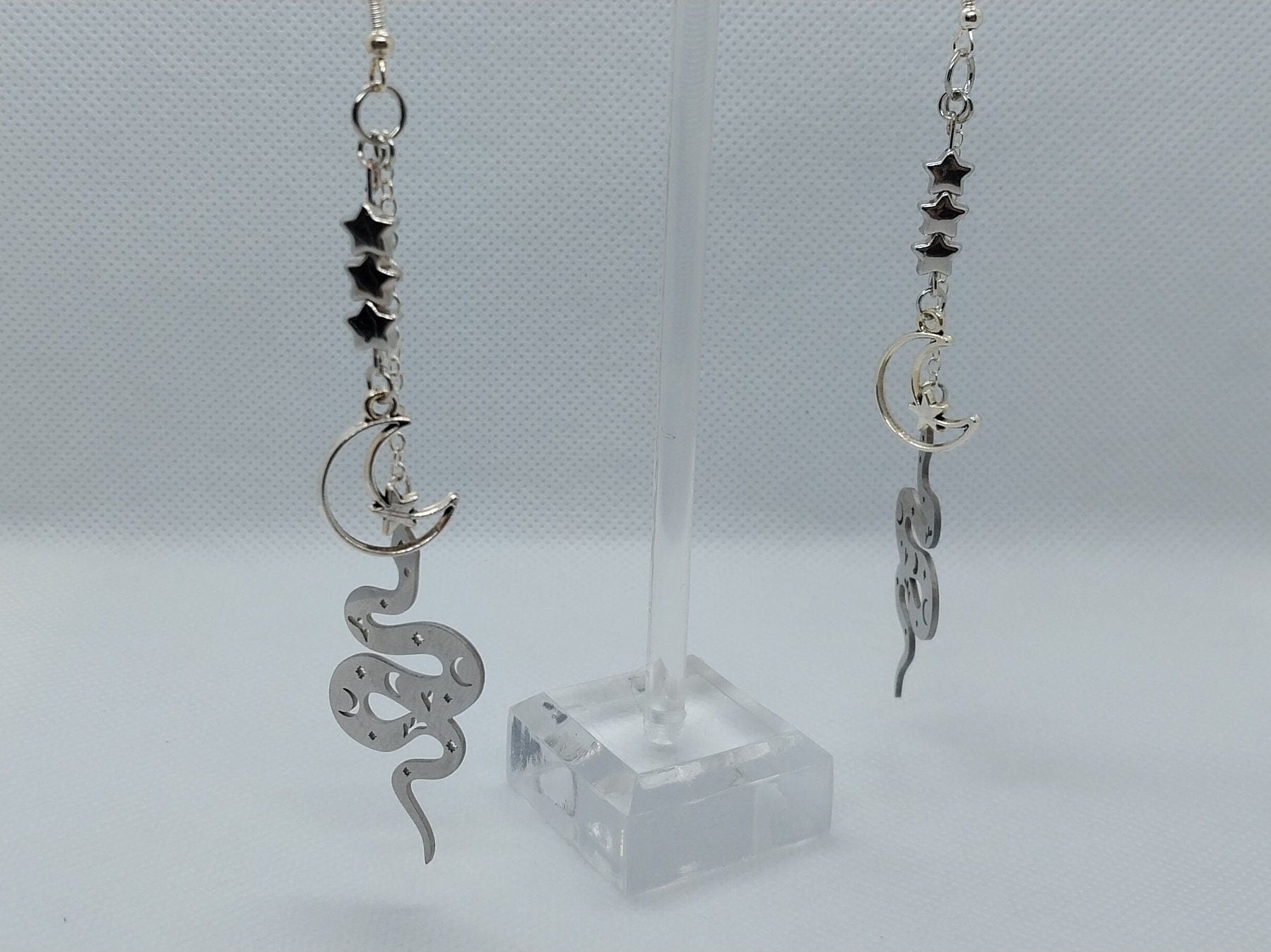 Double Chain Dangle Snake, Moon, And Stars Earrings - Moon & Starr Handcrafted Jewelry && More!