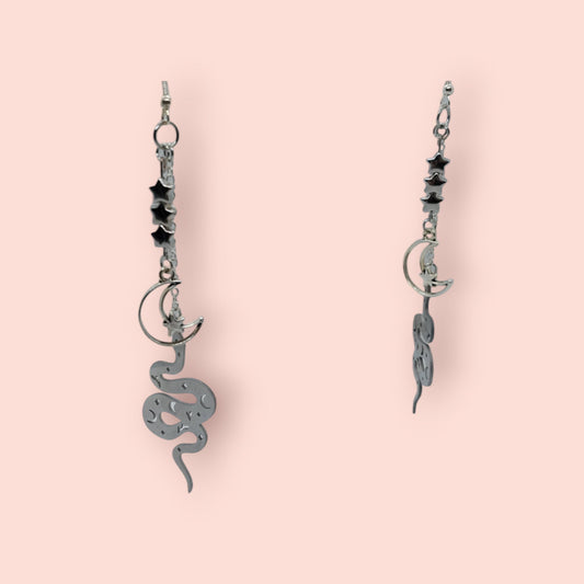 Double Chain Dangle Snake, Moon, And Stars Earrings - Moon & Starr Handcrafted Jewelry && More!