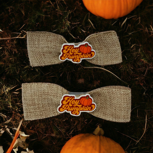 Extra Large Handmade Burlap Ribbon Autumn Themed &quot;Hey Pumpkin&quot; Alligator Clip Bows For Girls Or Women, Single Or Set - Moon & Starr Handcrafted Jewelry && More!