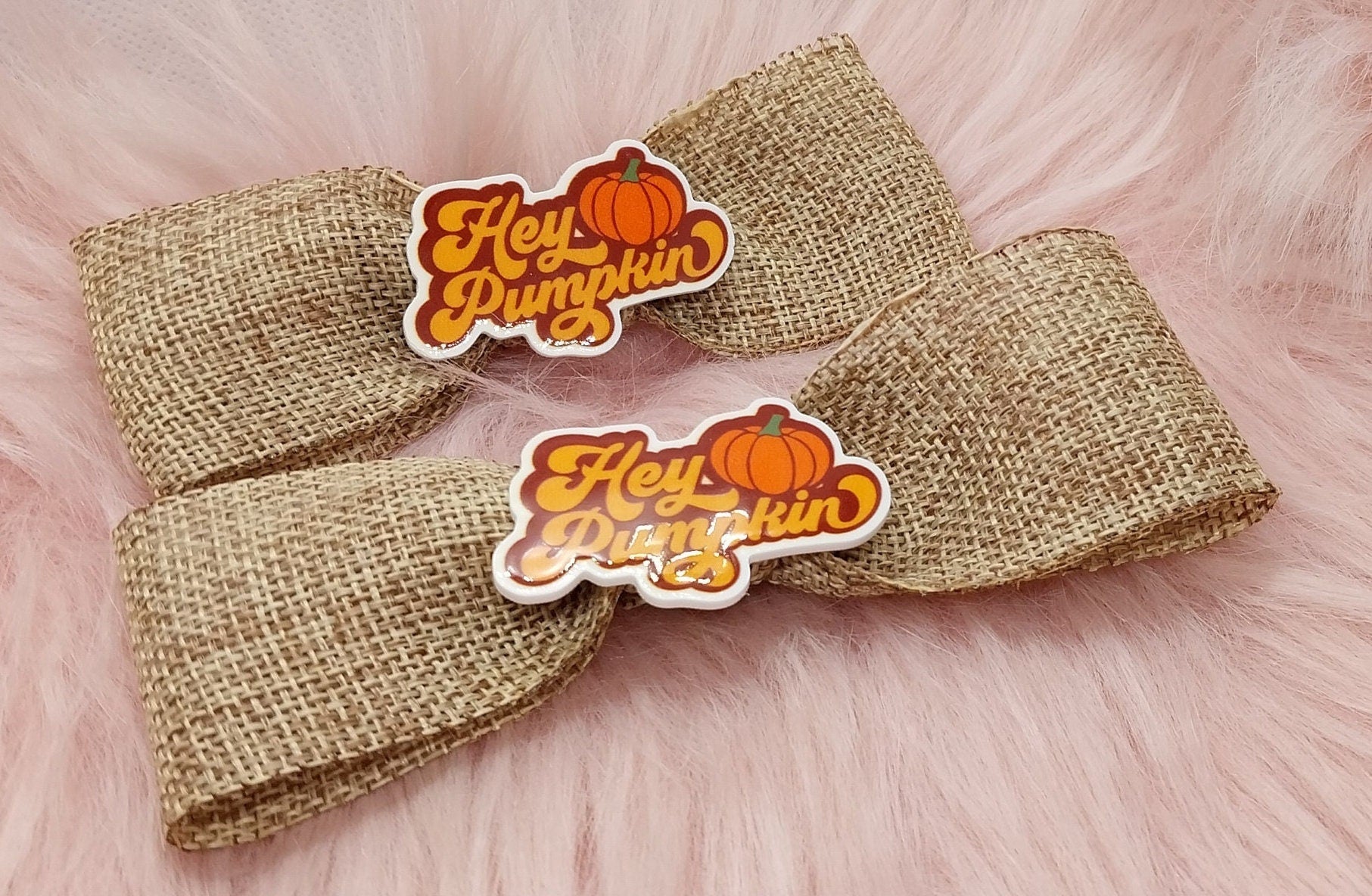Extra Large Handmade Burlap Ribbon Autumn Themed &quot;Hey Pumpkin&quot; Alligator Clip Bows For Girls Or Women, Single Or Set - Moon & Starr Handcrafted Jewelry && More!