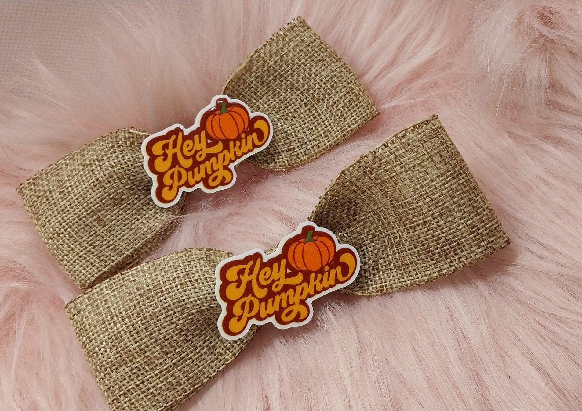 Extra Large Handmade Burlap Ribbon Autumn Themed &quot;Hey Pumpkin&quot; Alligator Clip Bows For Girls Or Women, Single Or Set - Moon & Starr Handcrafted Jewelry && More!