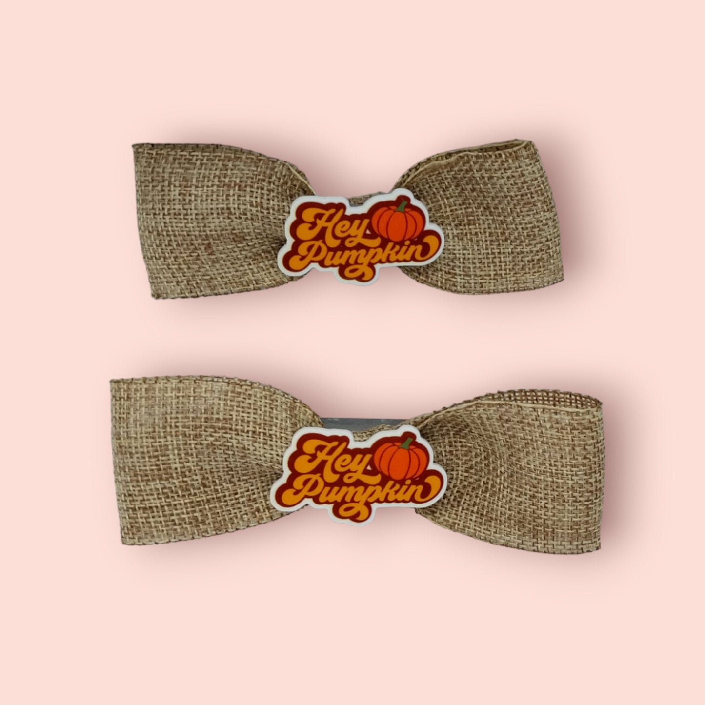 Extra Large Handmade Burlap Ribbon Autumn Themed &quot;Hey Pumpkin&quot; Alligator Clip Bows For Girls Or Women, Single Or Set - Moon & Starr Handcrafted Jewelry && More!