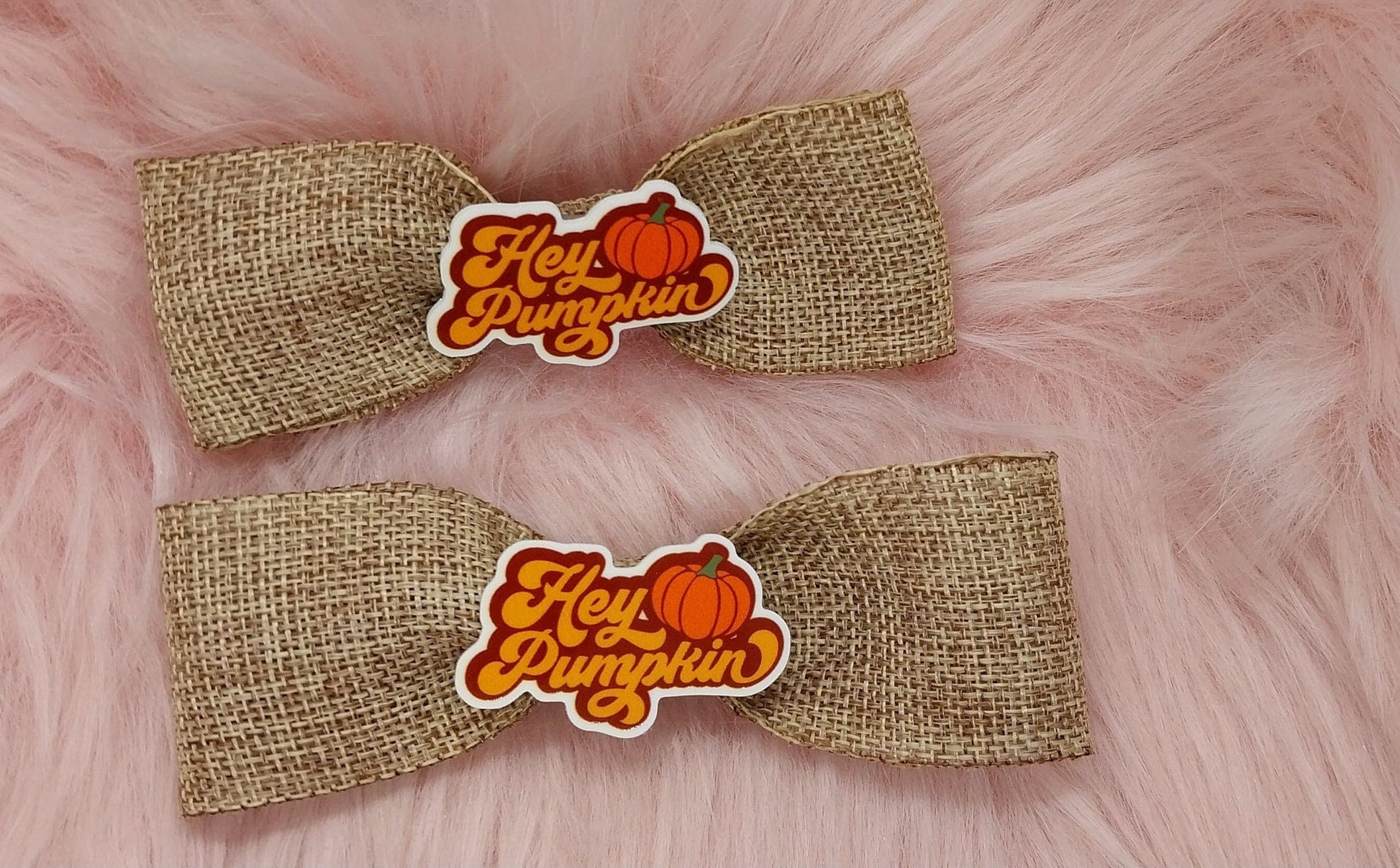Extra Large Handmade Burlap Ribbon Autumn Themed &quot;Hey Pumpkin&quot; Alligator Clip Bows For Girls Or Women, Single Or Set - Moon & Starr Handcrafted Jewelry && More!