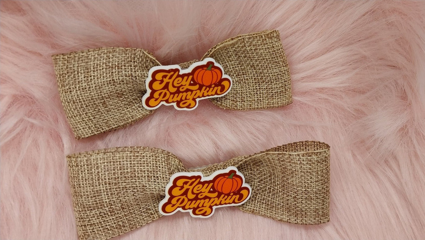 Extra Large Handmade Burlap Ribbon Autumn Themed &quot;Hey Pumpkin&quot; Alligator Clip Bows For Girls Or Women, Single Or Set - Moon & Starr Handcrafted Jewelry && More!