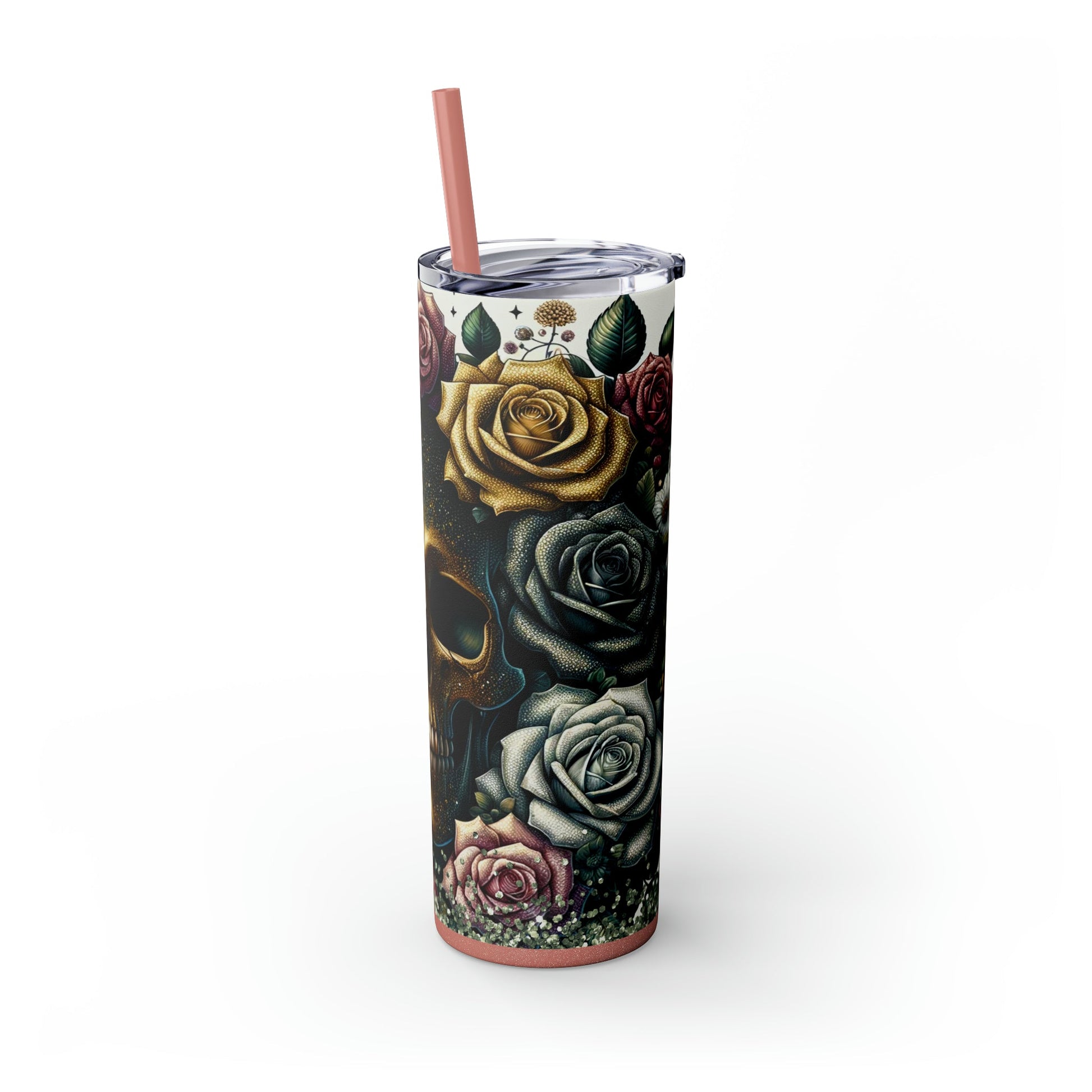 Floral Skull Skinny Tumbler with Straw, 20oz - Moon & Starr Handcrafted Jewelry && More!