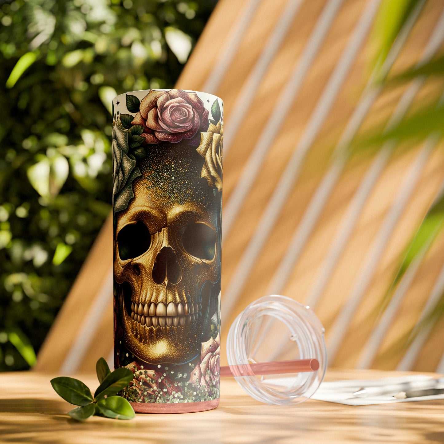 Floral Skull Skinny Tumbler with Straw, 20oz - Moon & Starr Handcrafted Jewelry && More!