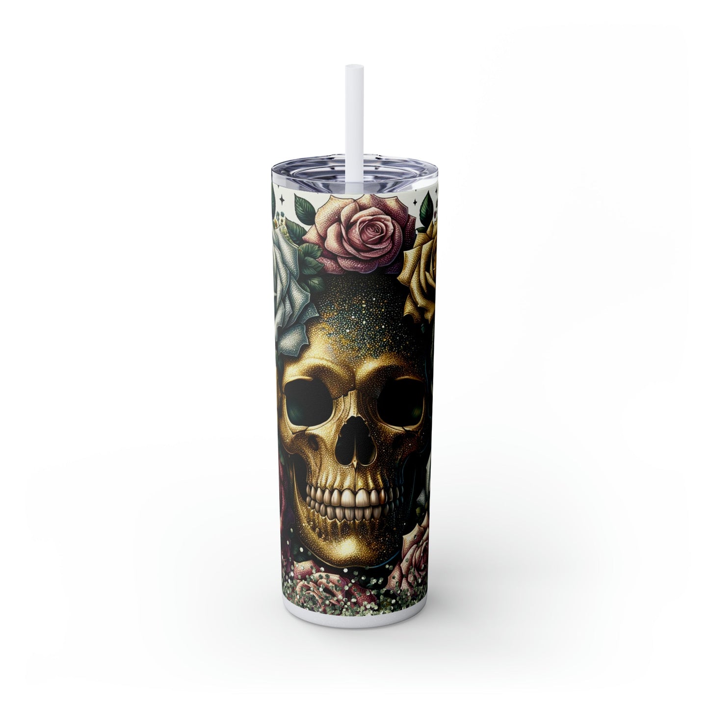 Floral Skull Skinny Tumbler with Straw, 20oz - Moon & Starr Handcrafted Jewelry && More!