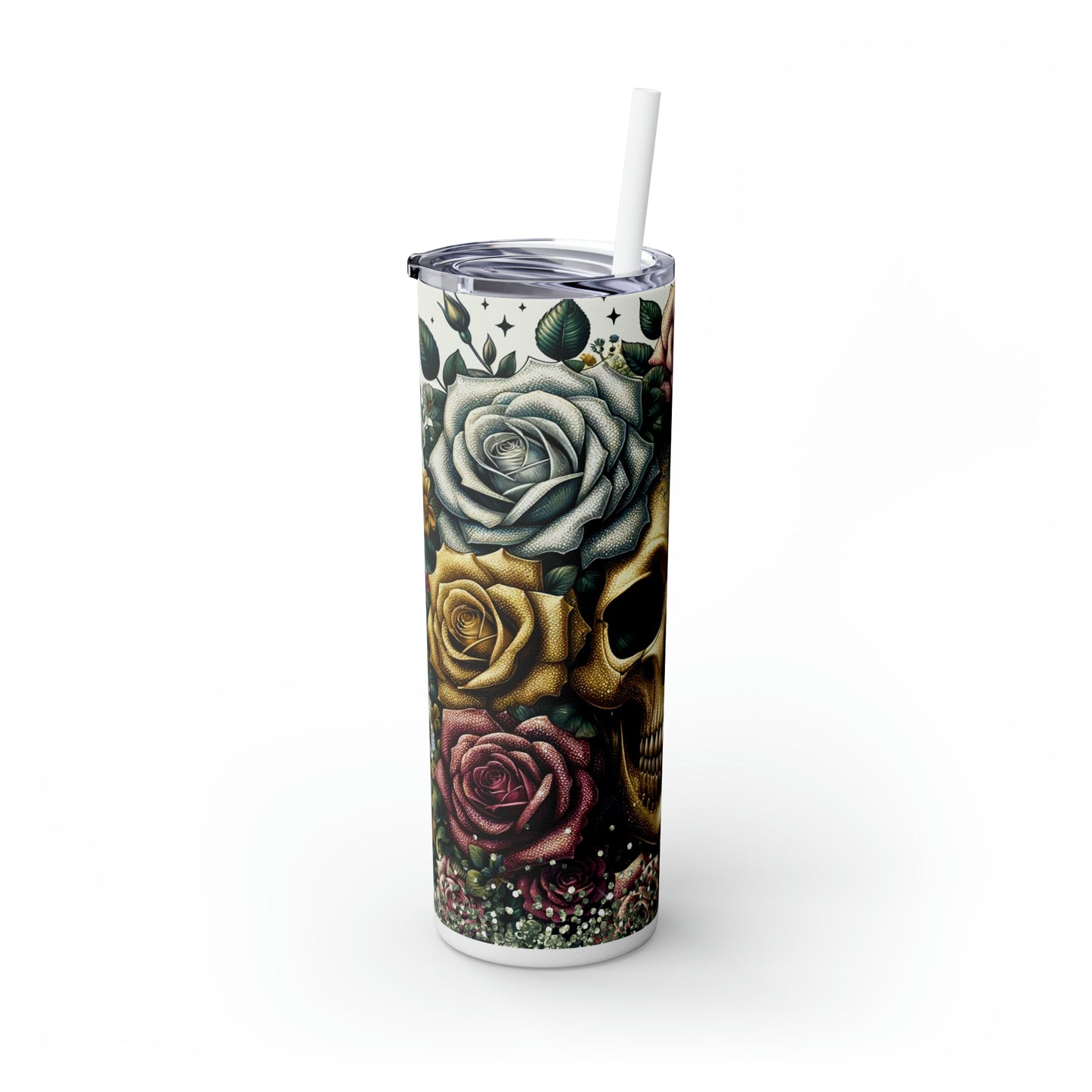 Floral Skull Skinny Tumbler with Straw, 20oz - Moon & Starr Handcrafted Jewelry && More!