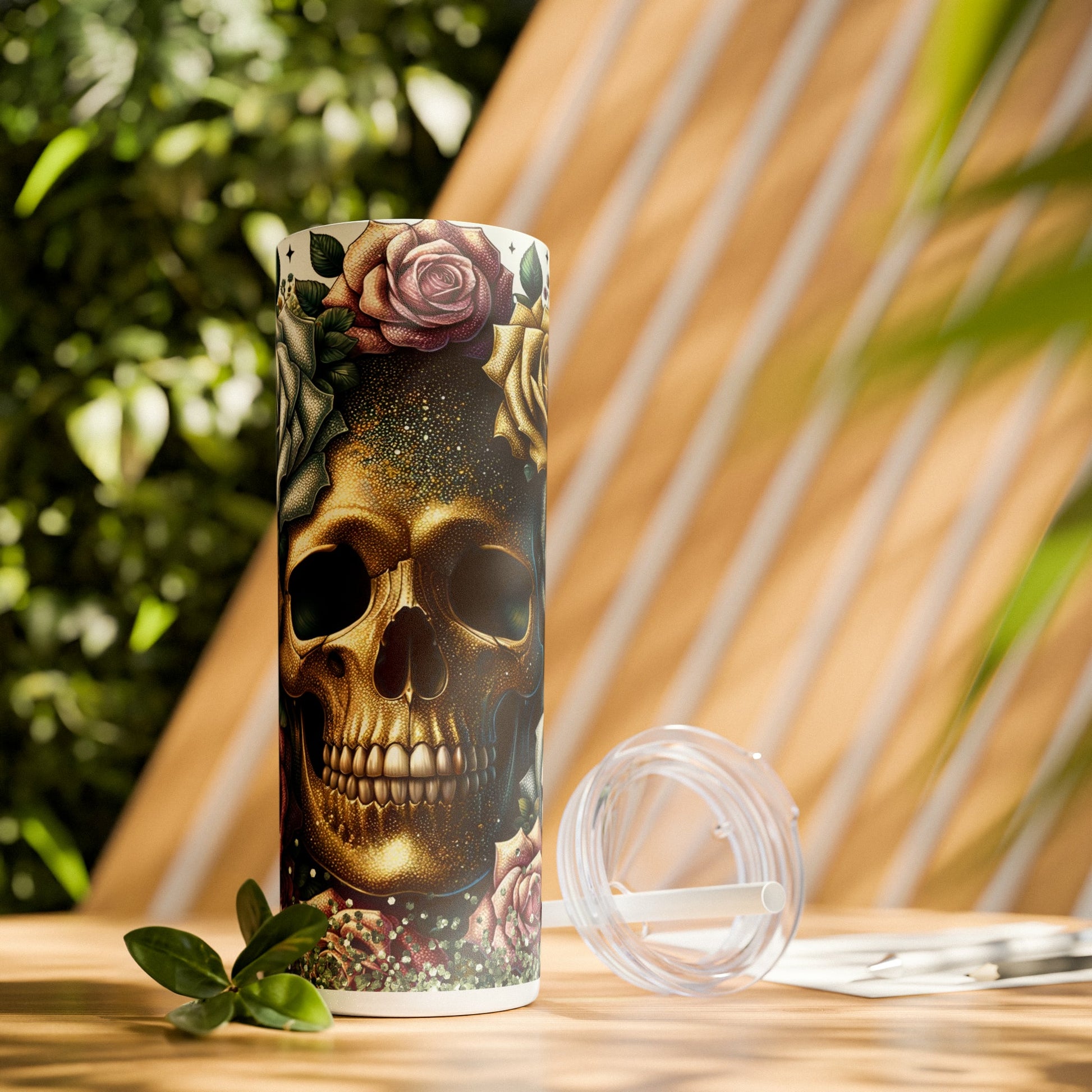 Floral Skull Skinny Tumbler with Straw, 20oz - Moon & Starr Handcrafted Jewelry && More!