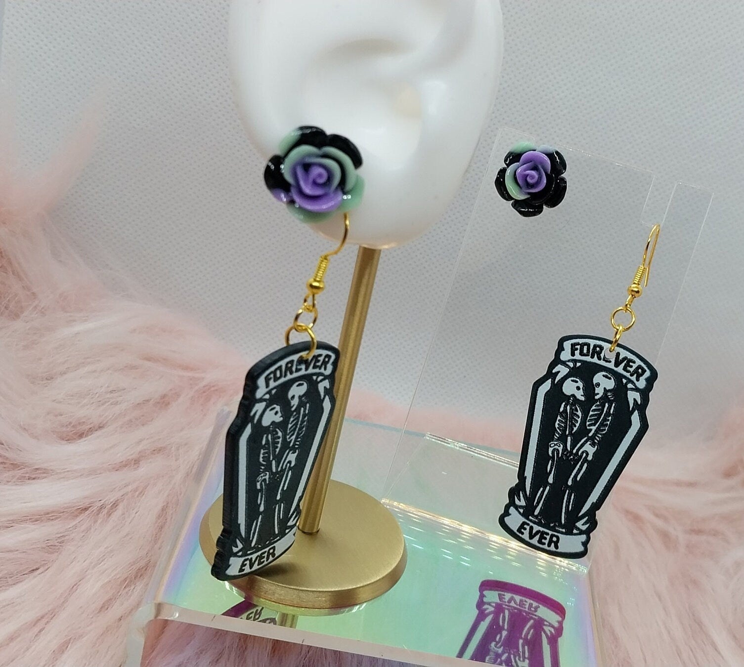 Forever Skeletons Dangle And Dark Rose&#39;s Stud Earrings Set for Women, Gold Plated, Charm Dangle and Flowers Stud Halloween Earring Set - Moon & Starr Handcrafted Jewelry && More!