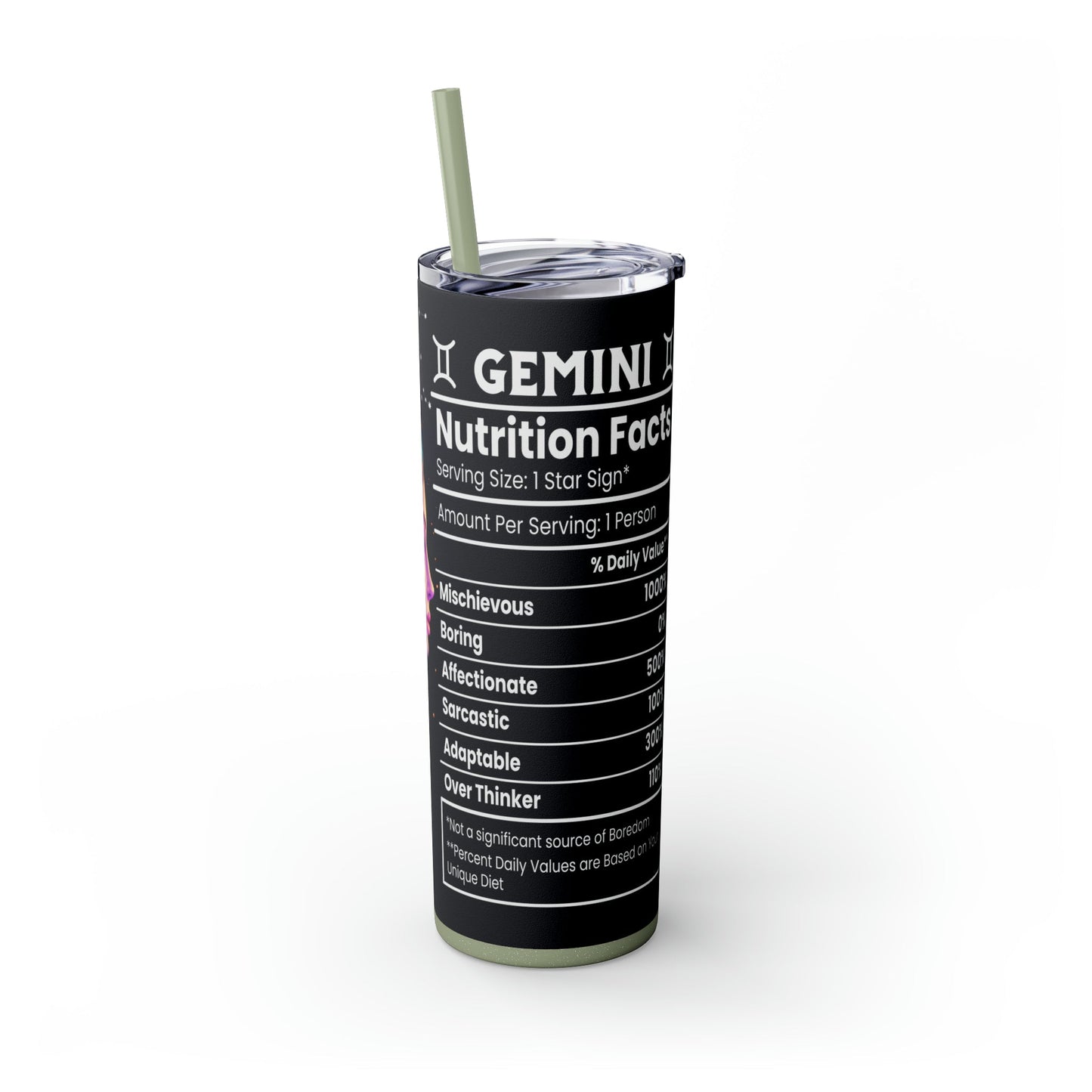 Gemini Nutrition Facts Skinny Tumbler with Straw, 20oz - Moon & Starr Handcrafted Jewelry && More!