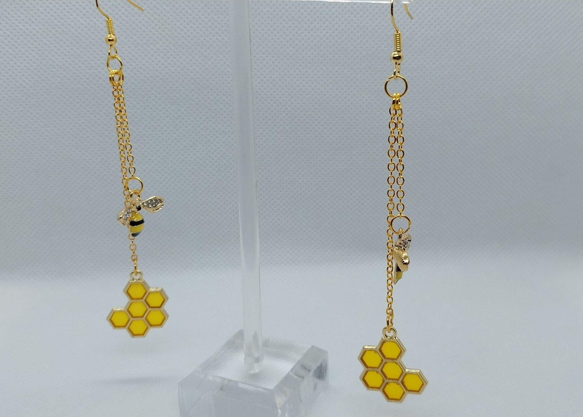 Golden Bee and Honeycomb Chain Double Dangle Earrings, Ear Wire or 5/8&quot; (16 MM) Tunnels - Moon & Starr Handcrafted Jewelry && More!