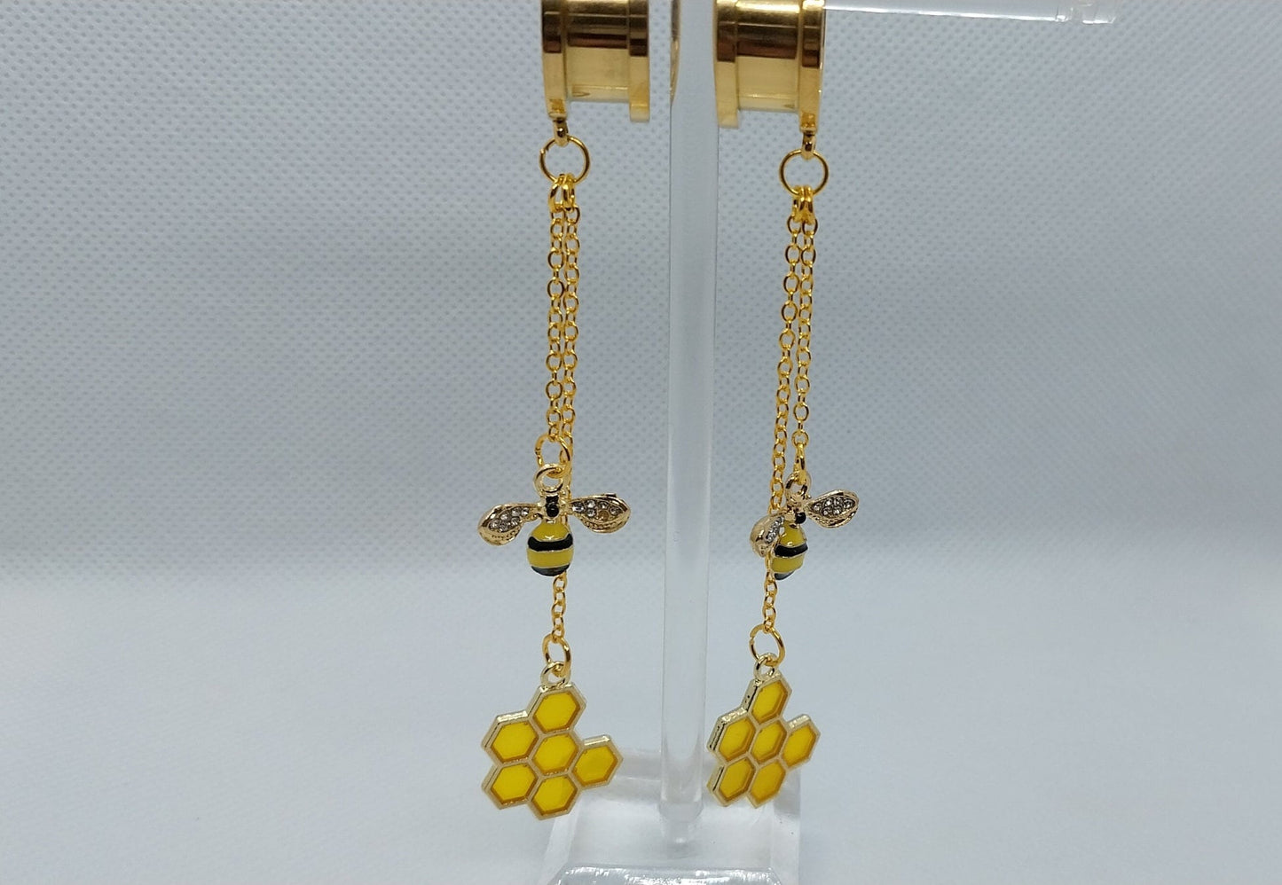 Golden Bee and Honeycomb Chain Double Dangle Earrings, Ear Wire or 5/8&quot; (16 MM) Tunnels - Moon & Starr Handcrafted Jewelry && More!