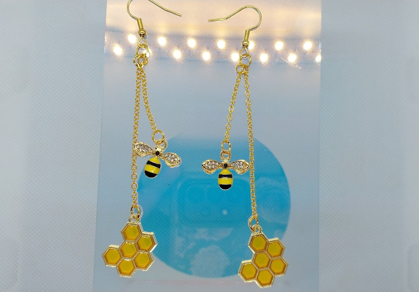 Golden Bee and Honeycomb Chain Double Dangle Earrings, Ear Wire or 5/8&quot; (16 MM) Tunnels - Moon & Starr Handcrafted Jewelry && More!