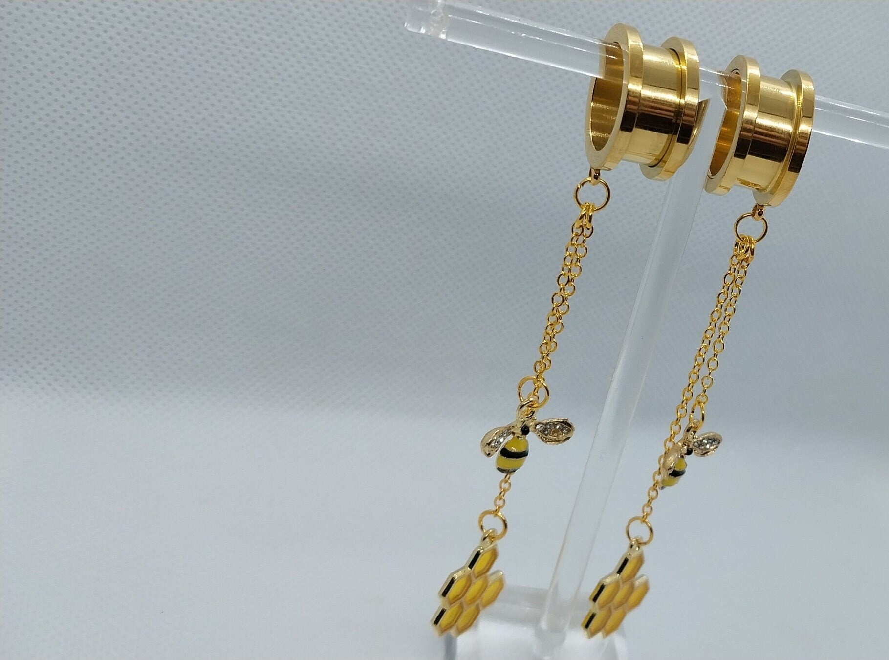 Golden Bee and Honeycomb Chain Double Dangle Earrings, Ear Wire or 5/8&quot; (16 MM) Tunnels - Moon & Starr Handcrafted Jewelry && More!