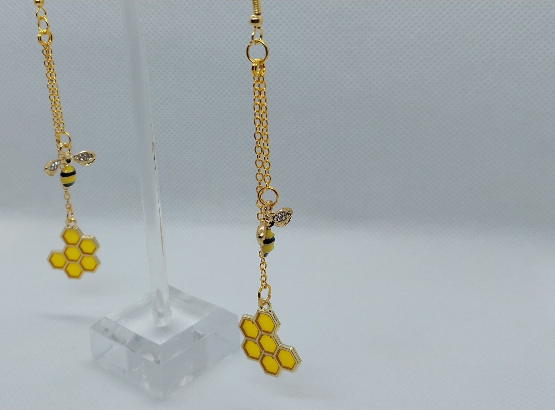 Golden Bee and Honeycomb Chain Double Dangle Earrings, Ear Wire or 5/8&quot; (16 MM) Tunnels - Moon & Starr Handcrafted Jewelry && More!