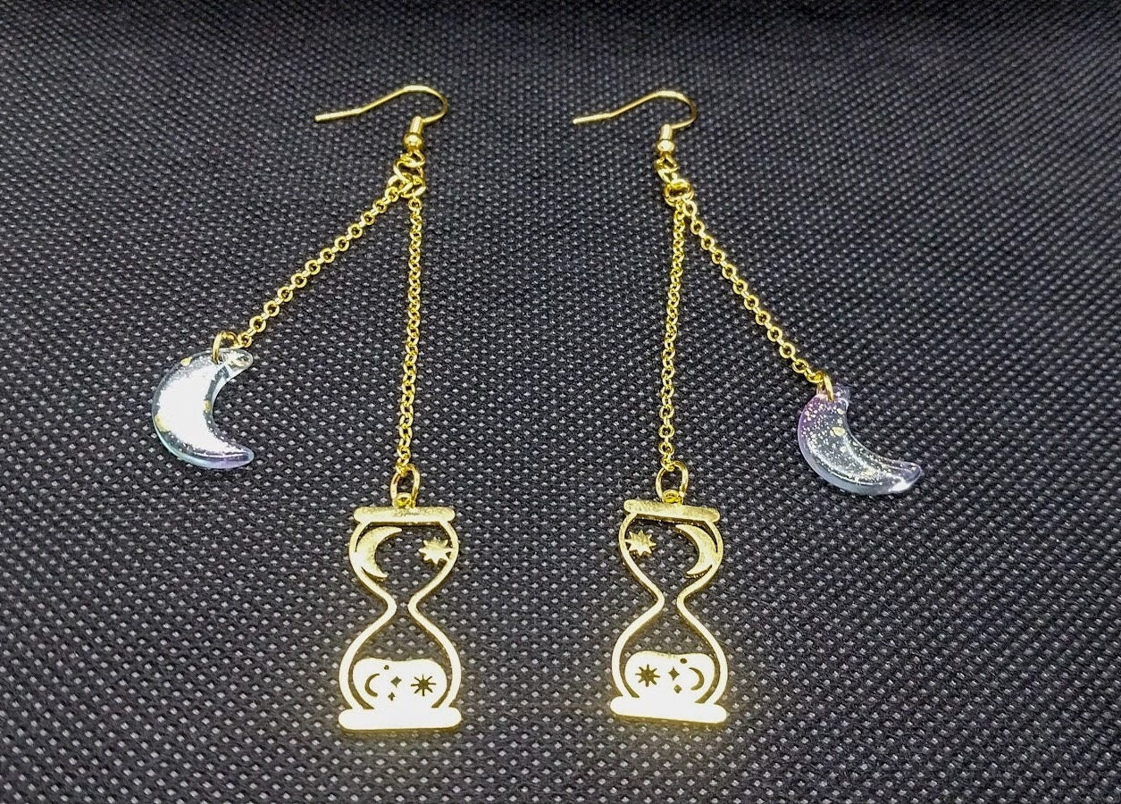 Golden Extra Long Dangle Chains Hourglass And Moons Earrings, 00 (10 MM) Gauge Earrings - Moon & Starr Handcrafted Jewelry && More!