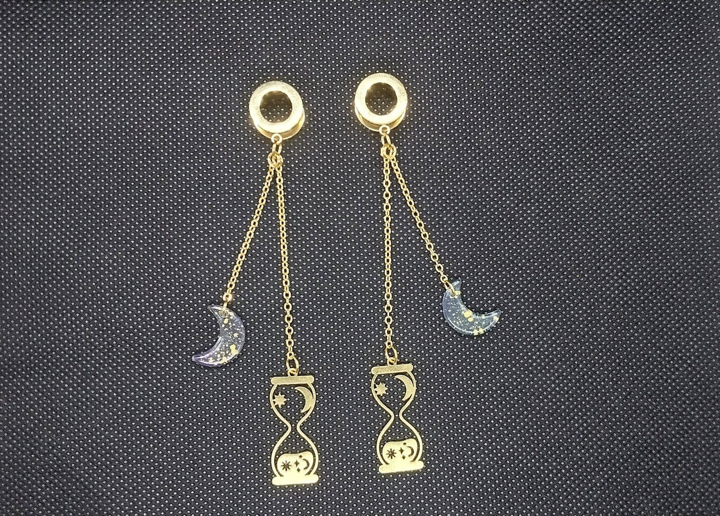 Golden Extra Long Dangle Chains Hourglass And Moons Earrings, 00 (10 MM) Gauge Earrings - Moon & Starr Handcrafted Jewelry && More!