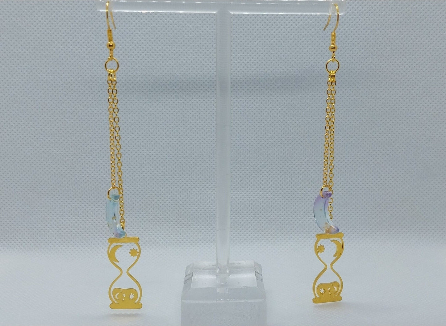 Golden Extra Long Dangle Chains Hourglass And Moons Earrings, 00 (10 MM) Gauge Earrings - Moon & Starr Handcrafted Jewelry && More!