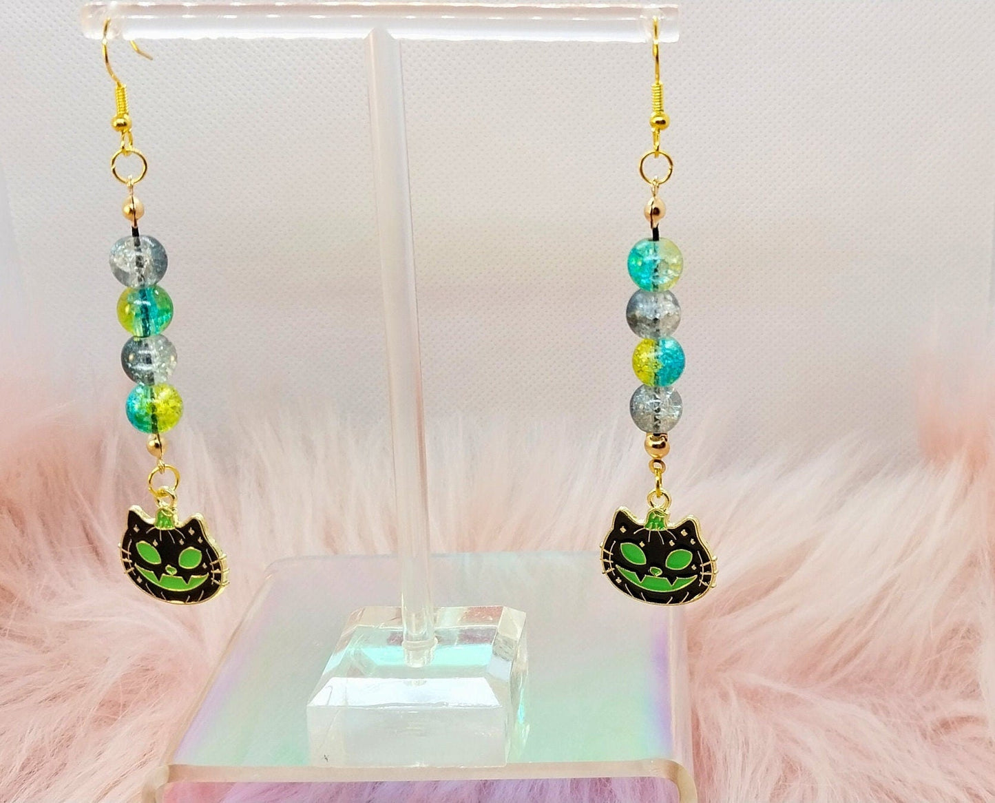 Green And Black "Cat-O-Lantern" Glass Beaded Earrings Unique Handmade Dangle Charm Earrings For Women On Steel Ear Wire - Moon & Starr Handcrafted Jewelry && More!