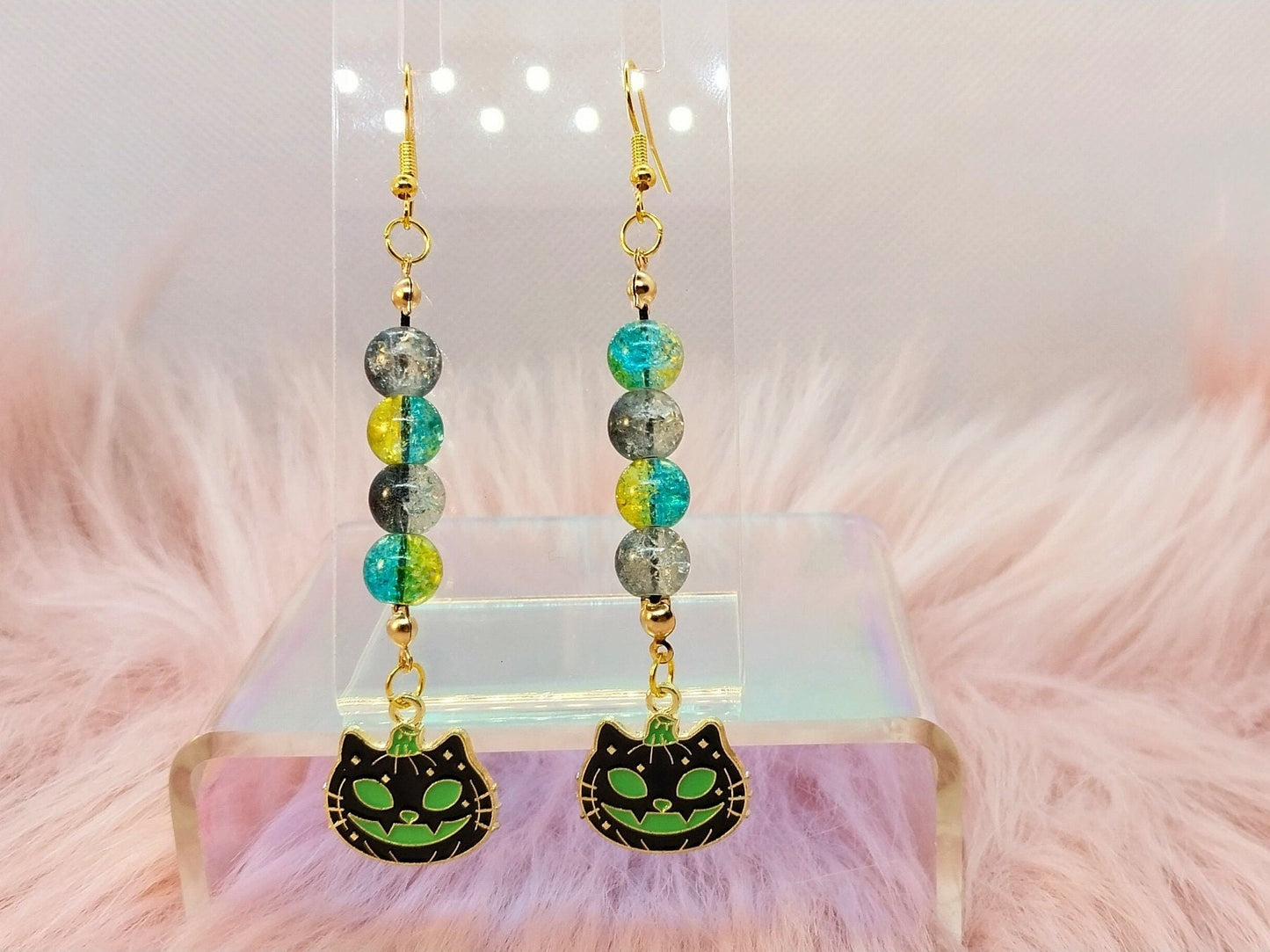 Green And Black "Cat-O-Lantern" Glass Beaded Earrings Unique Handmade Dangle Charm Earrings For Women On Steel Ear Wire - Moon & Starr Handcrafted Jewelry && More!