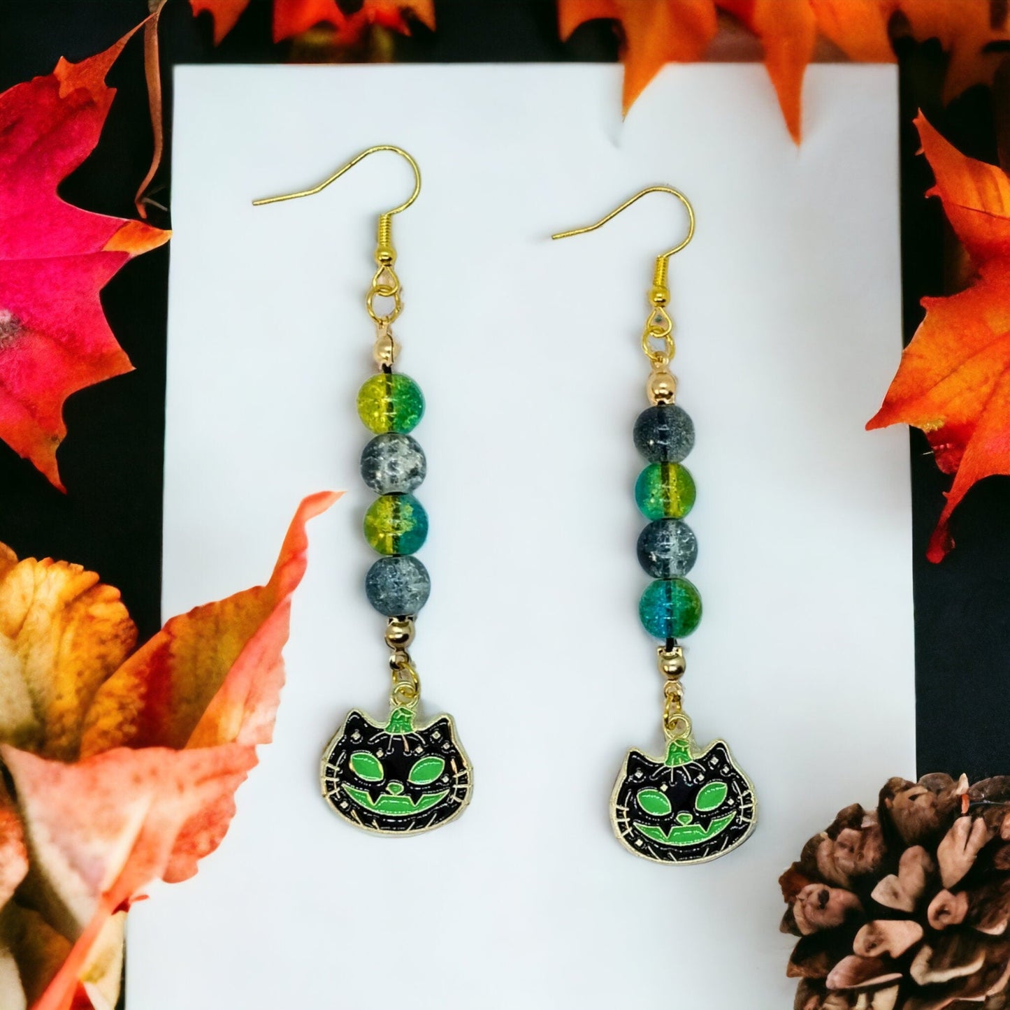 Green And Black "Cat-O-Lantern" Glass Beaded Earrings Unique Handmade Dangle Charm Earrings For Women On Steel Ear Wire - Moon & Starr Handcrafted Jewelry && More!