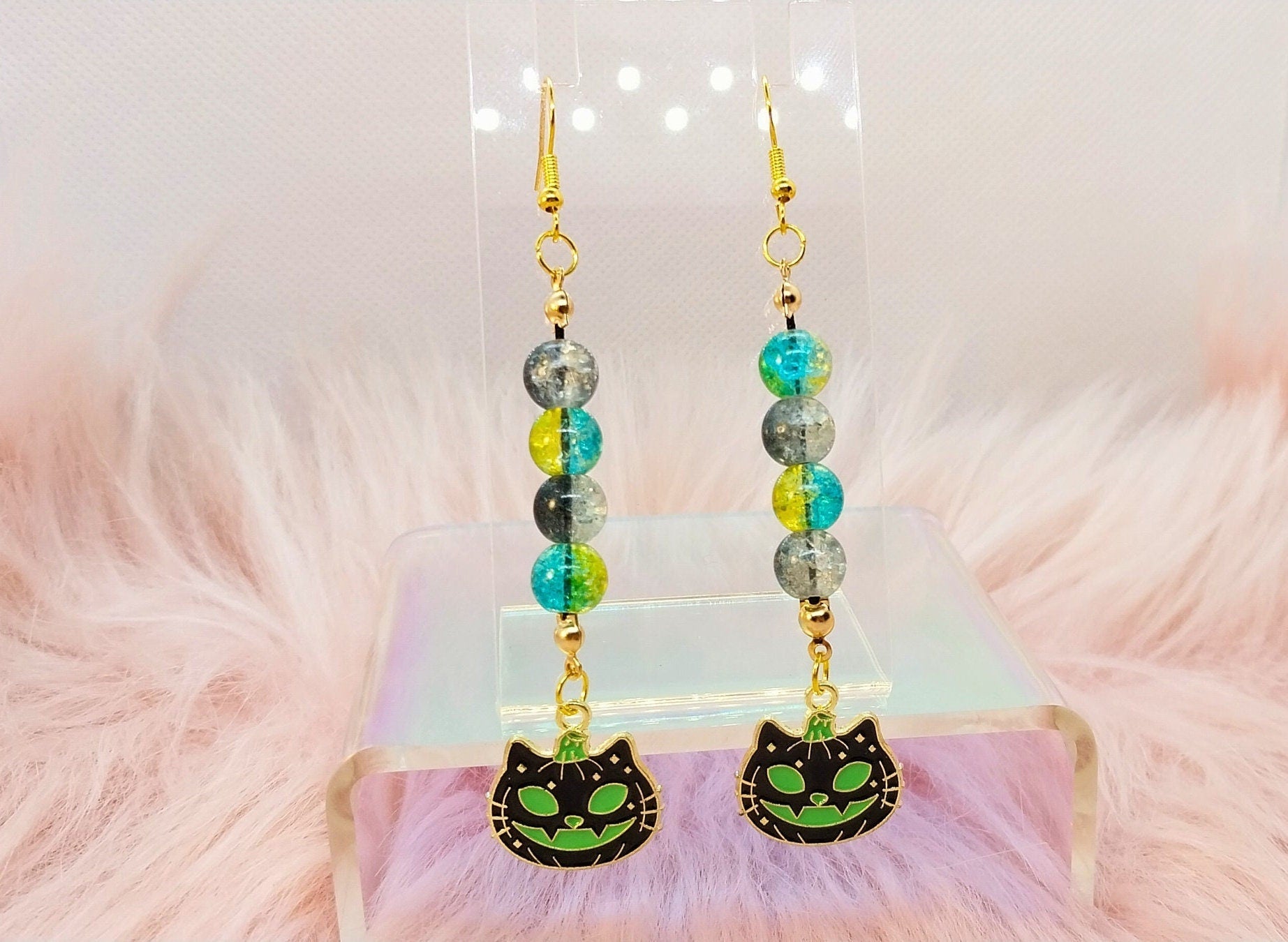 Green And Black "Cat-O-Lantern" Glass Beaded Earrings Unique Handmade Dangle Charm Earrings For Women On Steel Ear Wire - Moon & Starr Handcrafted Jewelry && More!