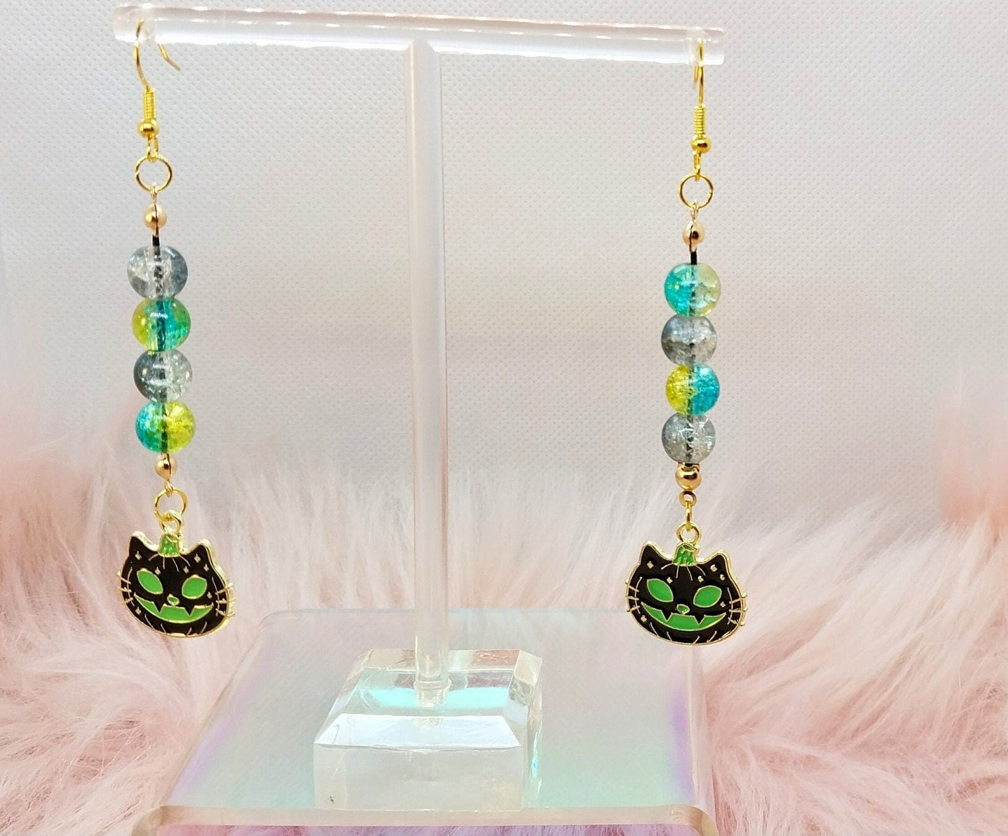 Green And Black "Cat-O-Lantern" Glass Beaded Earrings Unique Handmade Dangle Charm Earrings For Women On Steel Ear Wire - Moon & Starr Handcrafted Jewelry && More!