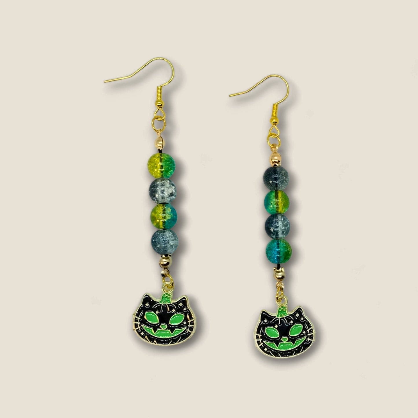 Green And Black "Cat-O-Lantern" Glass Beaded Earrings Unique Handmade Dangle Charm Earrings For Women On Steel Ear Wire - Moon & Starr Handcrafted Jewelry && More!