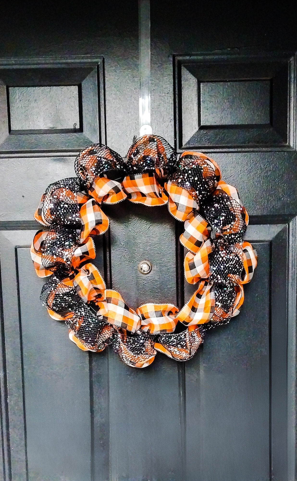 Handcrafted Sparkly Autumn Wreath - Black, Orange, White Plaid Ribbon, Fall Home Door Decor, Ribbon Wreath - Moon & Starr Handcrafted Jewelry && More!
