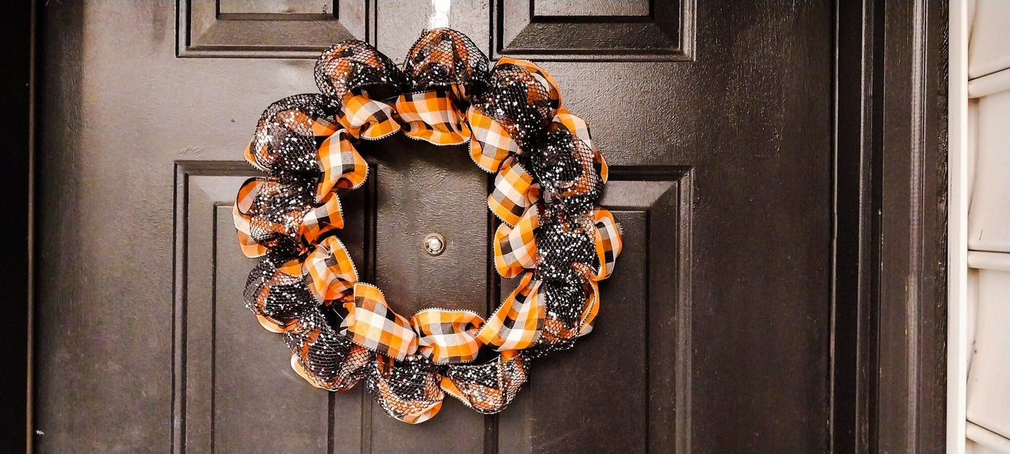 Handcrafted Sparkly Autumn Wreath - Black, Orange, White Plaid Ribbon, Fall Home Door Decor, Ribbon Wreath - Moon & Starr Handcrafted Jewelry && More!
