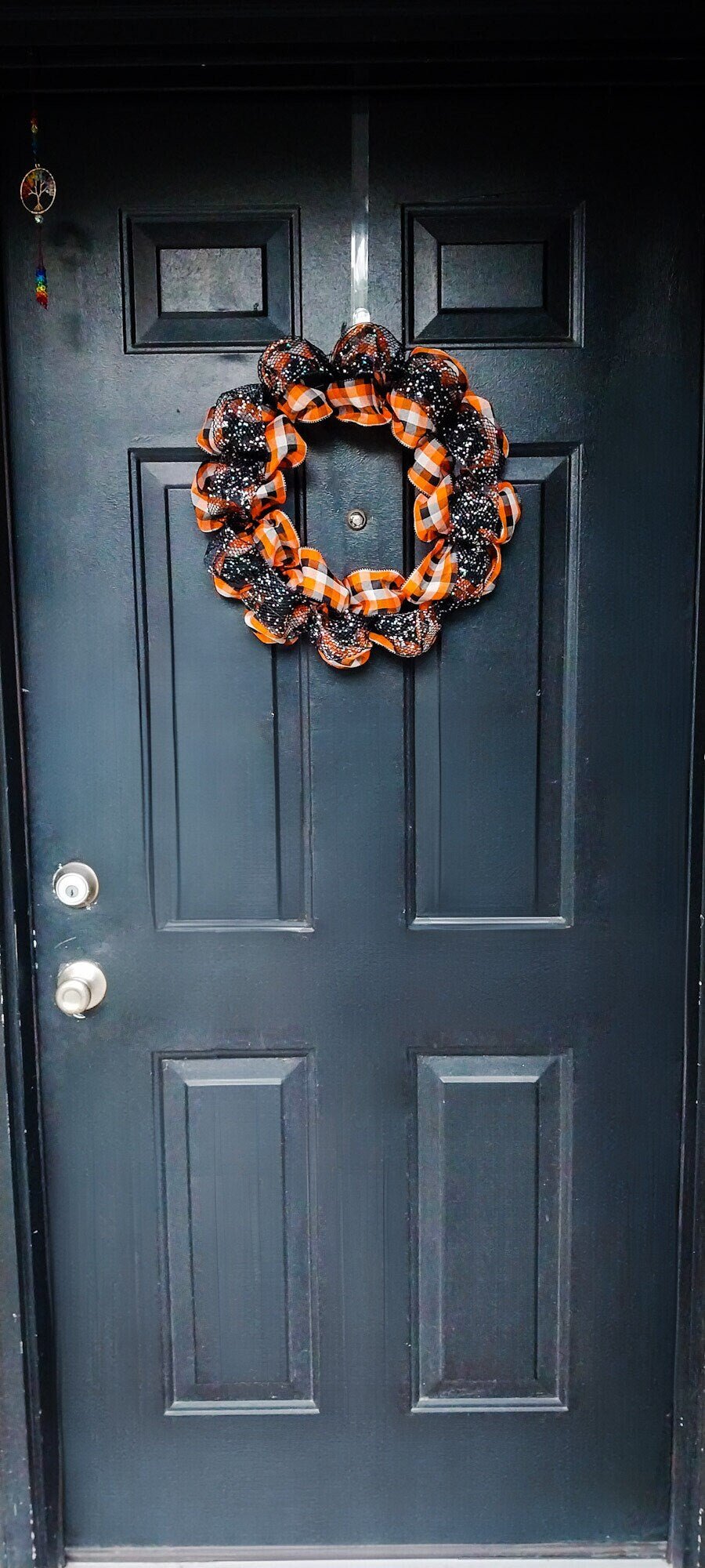 Handcrafted Sparkly Autumn Wreath - Black, Orange, White Plaid Ribbon, Fall Home Door Decor, Ribbon Wreath - Moon & Starr Handcrafted Jewelry && More!