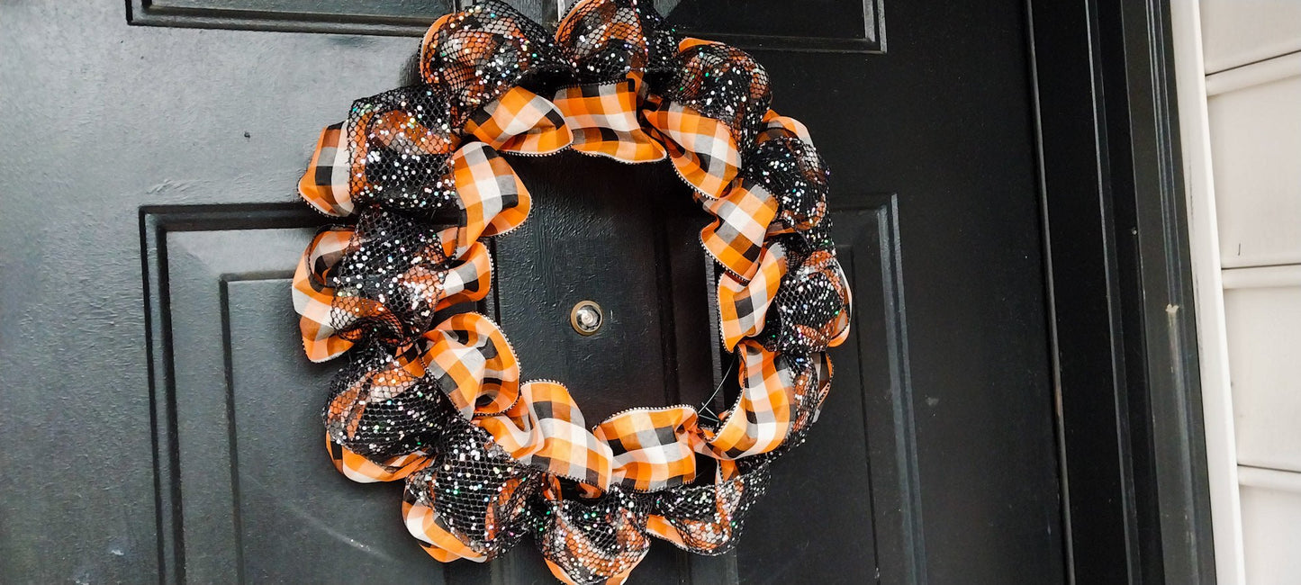 Handcrafted Sparkly Autumn Wreath - Black, Orange, White Plaid Ribbon, Fall Home Door Decor, Ribbon Wreath - Moon & Starr Handcrafted Jewelry && More!