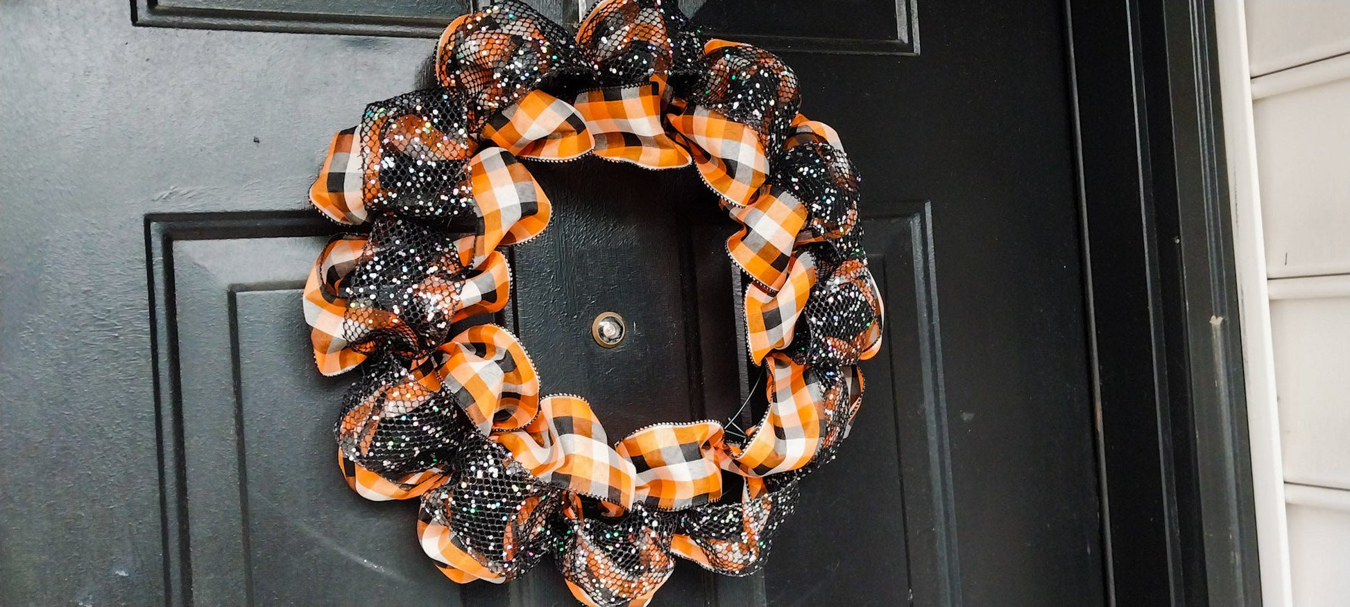 Handcrafted Sparkly Autumn Wreath - Black, Orange, White Plaid Ribbon, Fall Home Door Decor, Ribbon Wreath - Moon & Starr Handcrafted Jewelry && More!