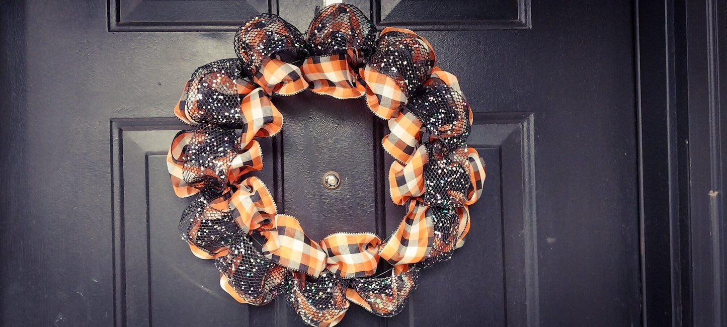 Handcrafted Sparkly Autumn Wreath - Black, Orange, White Plaid Ribbon, Fall Home Door Decor, Ribbon Wreath - Moon & Starr Handcrafted Jewelry && More!