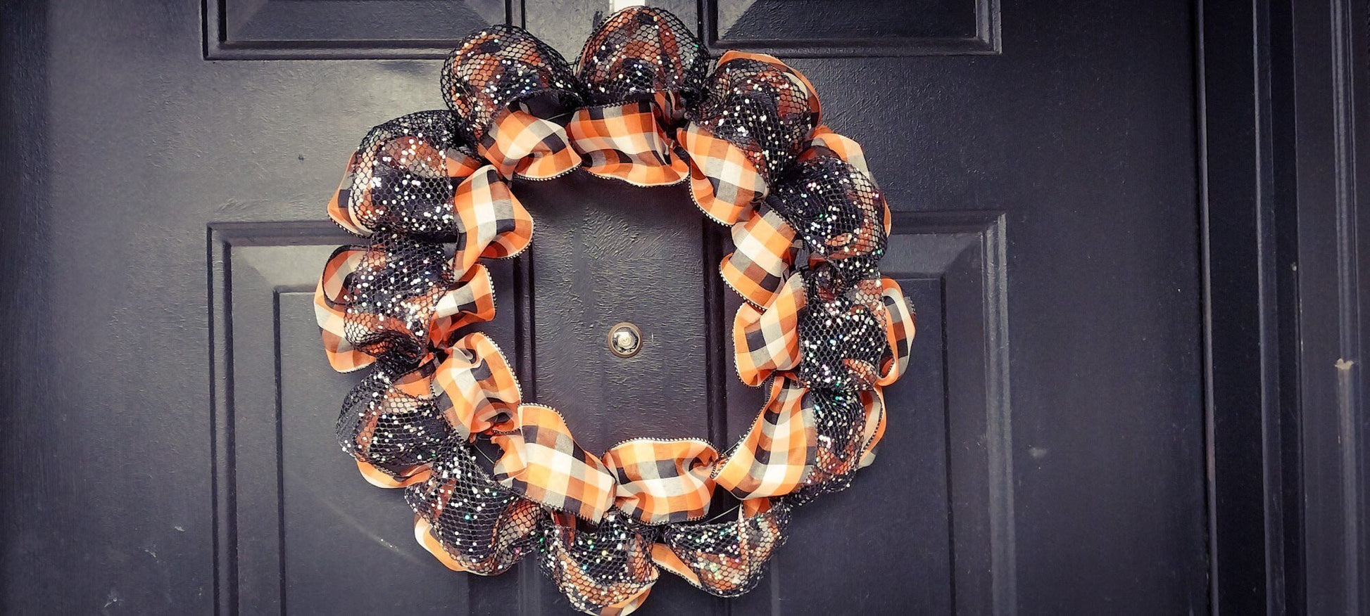 Handcrafted Sparkly Autumn Wreath - Black, Orange, White Plaid Ribbon, Fall Home Door Decor, Ribbon Wreath - Moon & Starr Handcrafted Jewelry && More!