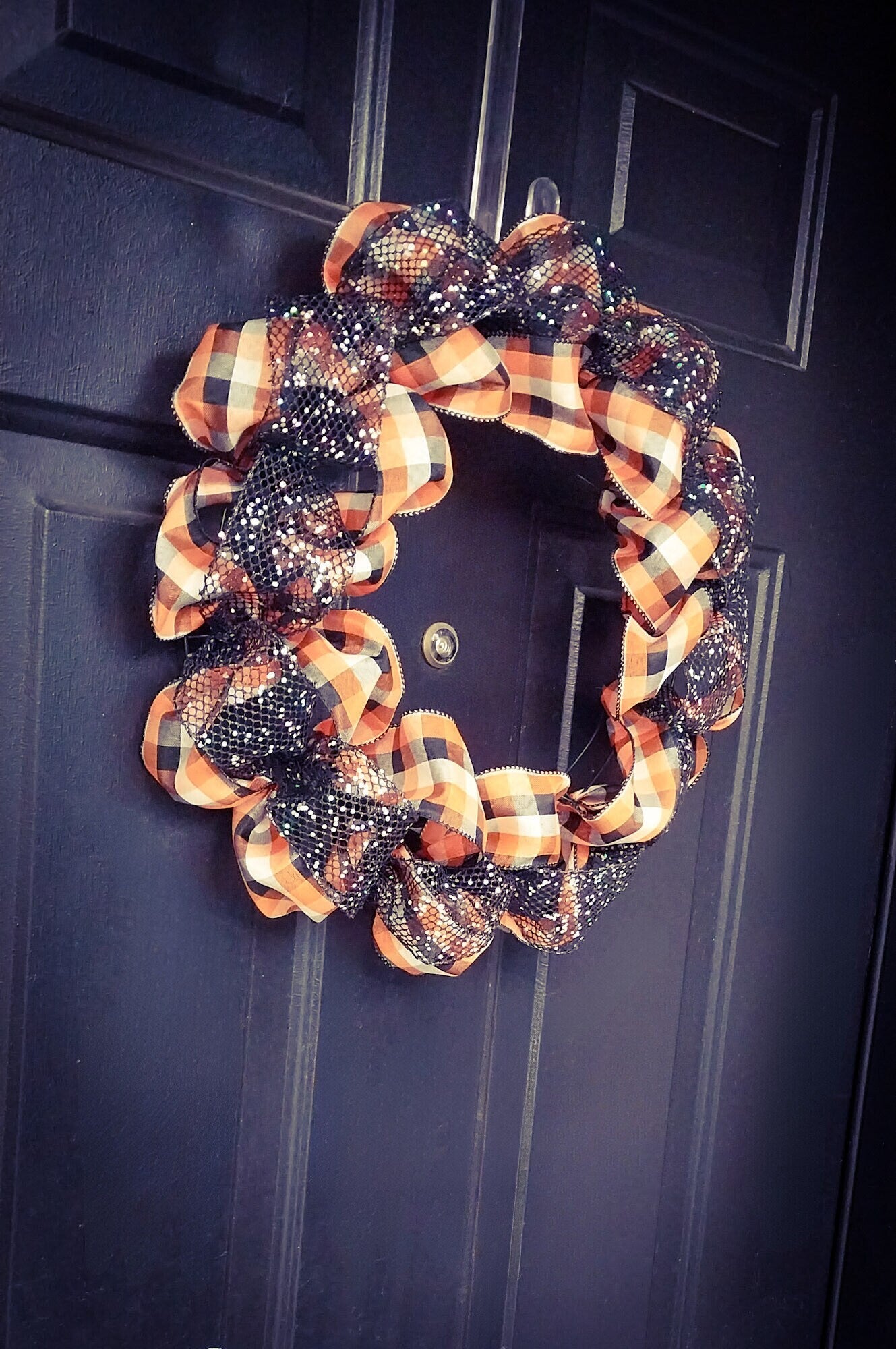 Handcrafted Sparkly Autumn Wreath - Black, Orange, White Plaid Ribbon, Fall Home Door Decor, Ribbon Wreath - Moon & Starr Handcrafted Jewelry && More!