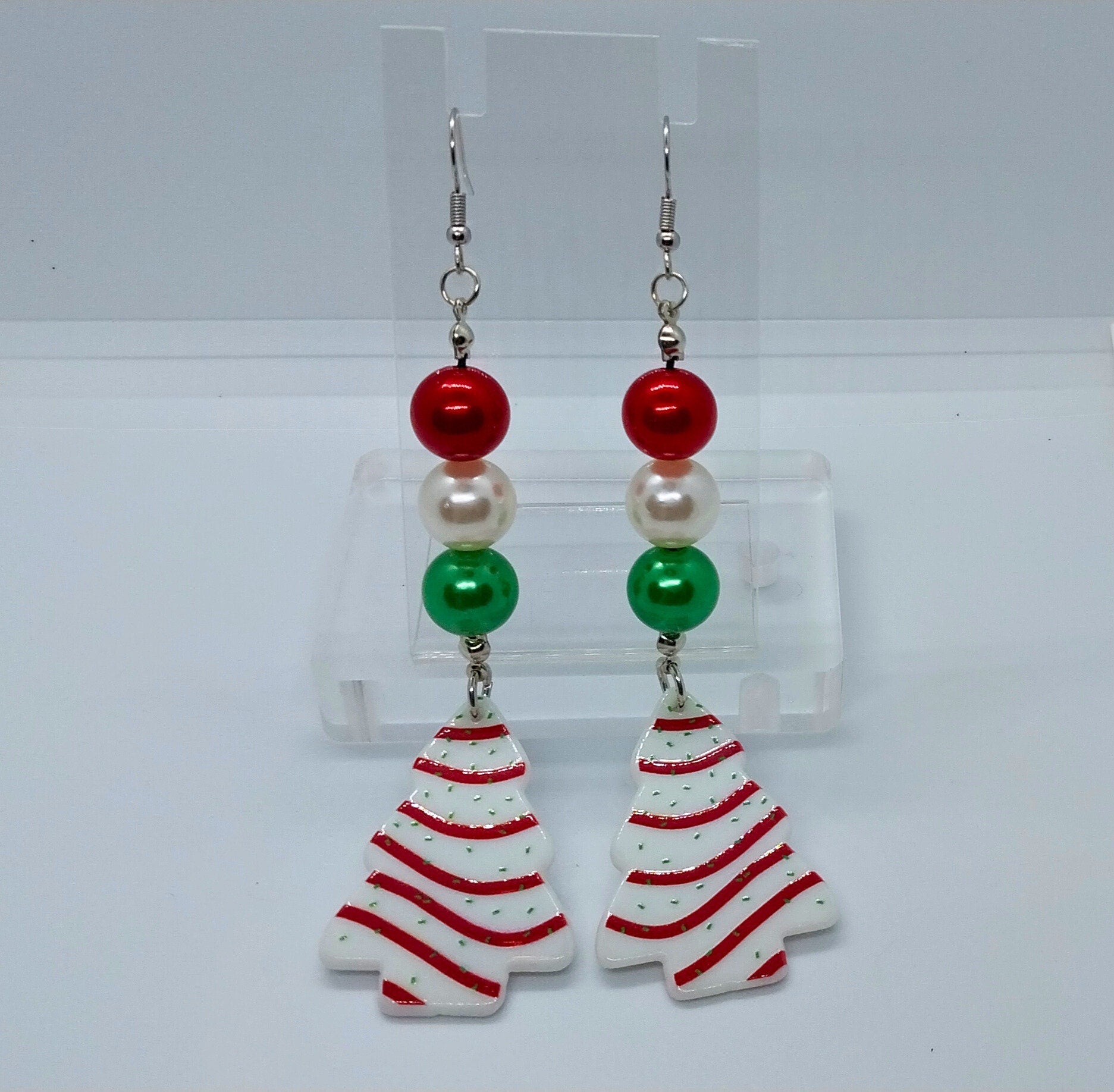 Handmade Christmas Tree Cake Beaded Charm Earrings, Fun Festive Holiday Dangle Earrings, Surgical Steel Ear Wire - Moon & Starr Handcrafted Jewelry && More!