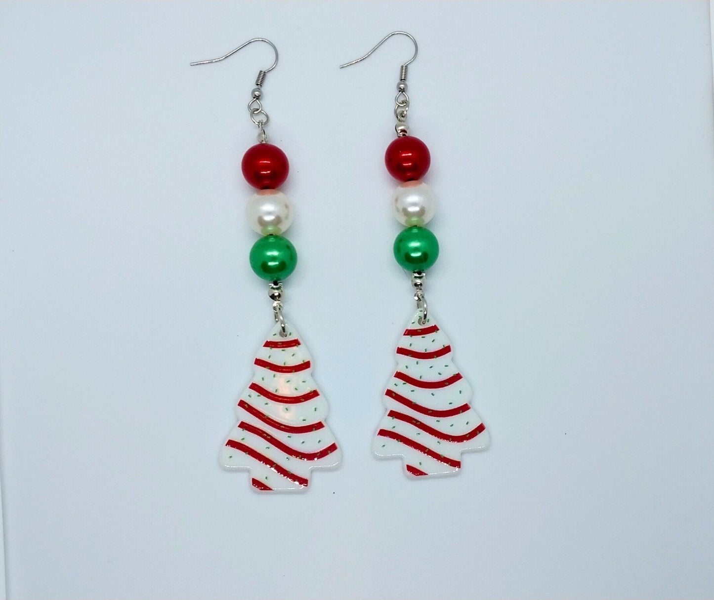 Handmade Christmas Tree Cake Beaded Charm Earrings, Fun Festive Holiday Dangle Earrings, Surgical Steel Ear Wire - Moon & Starr Handcrafted Jewelry && More!