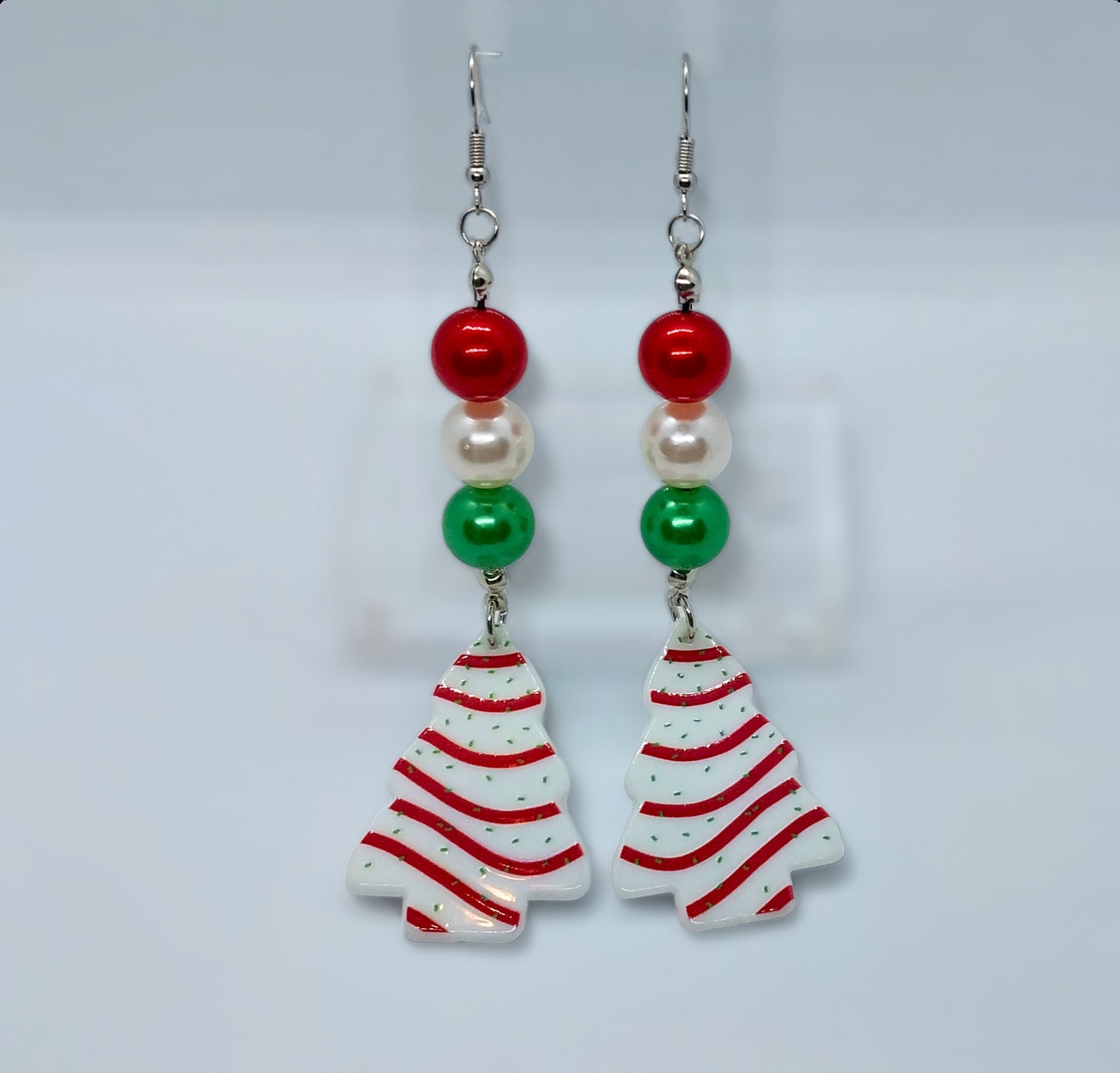 Handmade Christmas Tree Cake Beaded Charm Earrings, Fun Festive Holiday Dangle Earrings, Surgical Steel Ear Wire - Moon & Starr Handcrafted Jewelry && More!