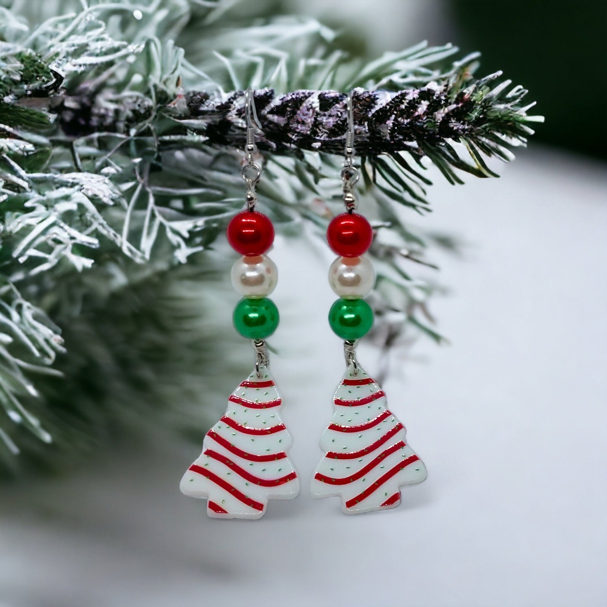 Handmade Christmas Tree Cake Beaded Charm Earrings, Fun Festive Holiday Dangle Earrings, Surgical Steel Ear Wire - Moon & Starr Handcrafted Jewelry && More!