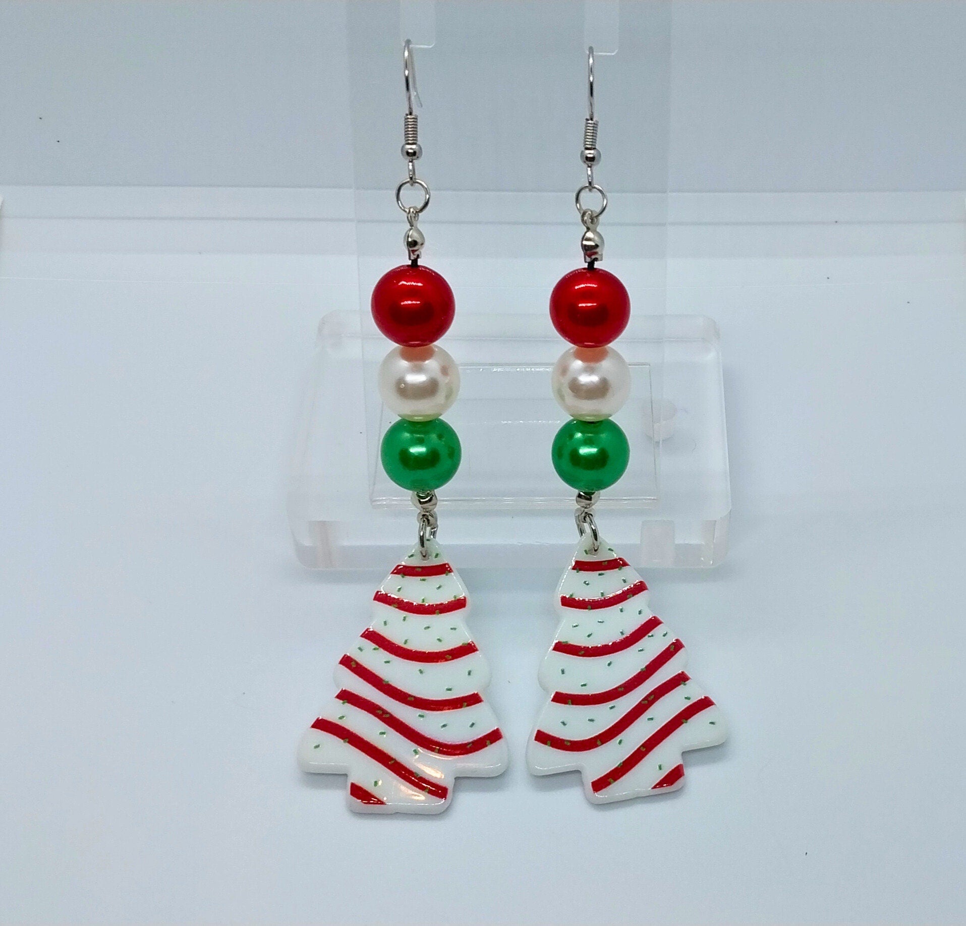 Handmade Christmas Tree Cake Beaded Charm Earrings, Fun Festive Holiday Dangle Earrings, Surgical Steel Ear Wire - Moon & Starr Handcrafted Jewelry && More!