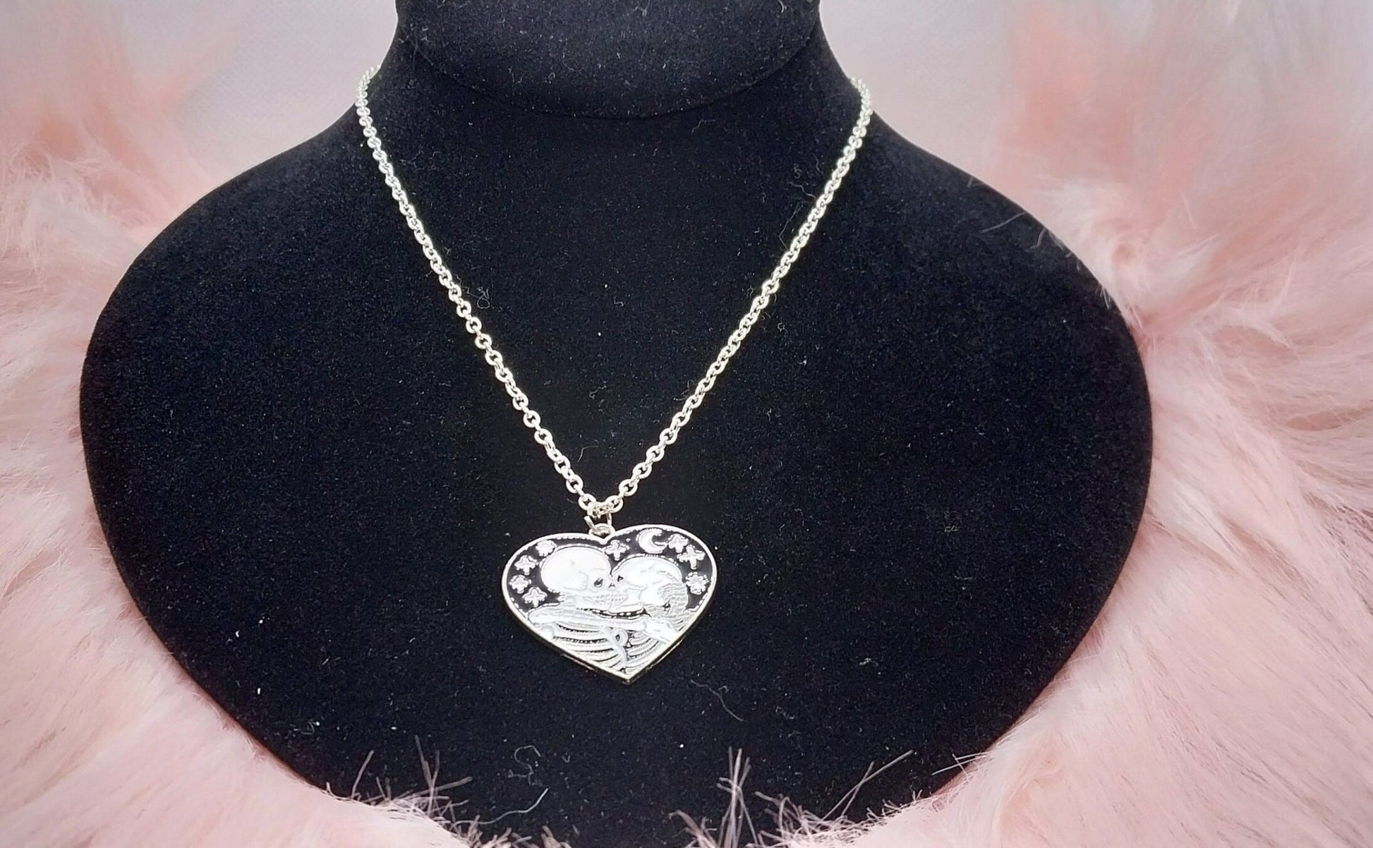 Handmade Silver Chain Necklace With Loving Skeletons Charm, Gifts For Her, Emo, Goth, Witchy Necklaces, Halloween Pendant Chains For Women - Moon & Starr Handcrafted Jewelry && More!