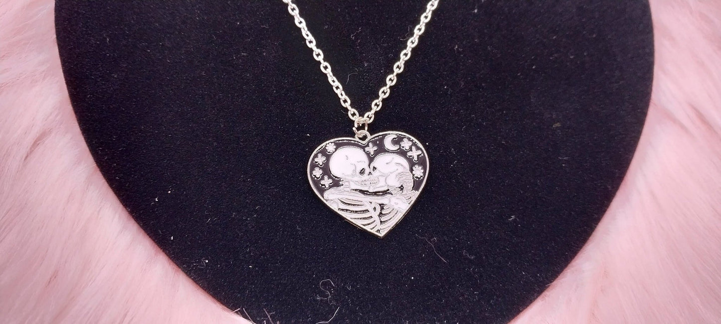 Handmade Silver Chain Necklace With Loving Skeletons Charm, Gifts For Her, Emo, Goth, Witchy Necklaces, Halloween Pendant Chains For Women - Moon & Starr Handcrafted Jewelry && More!