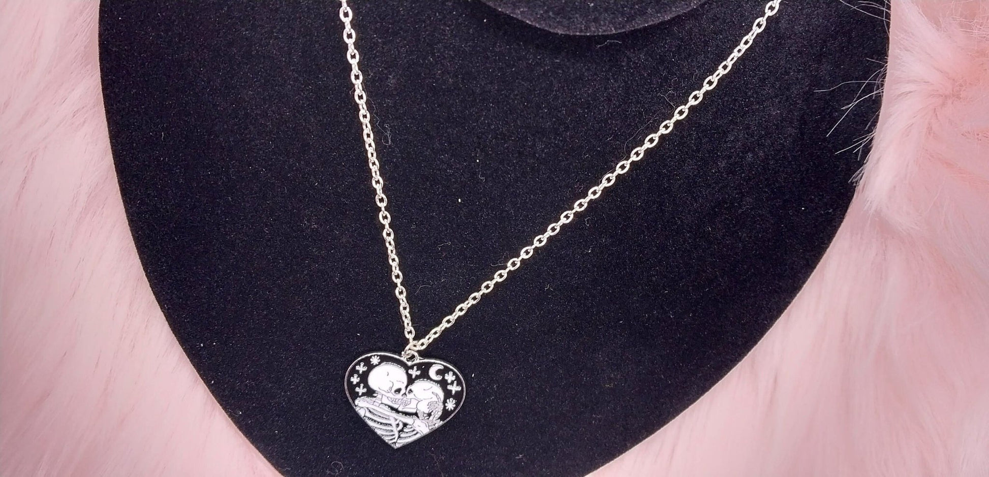 Handmade Silver Chain Necklace With Loving Skeletons Charm, Gifts For Her, Emo, Goth, Witchy Necklaces, Halloween Pendant Chains For Women - Moon & Starr Handcrafted Jewelry && More!