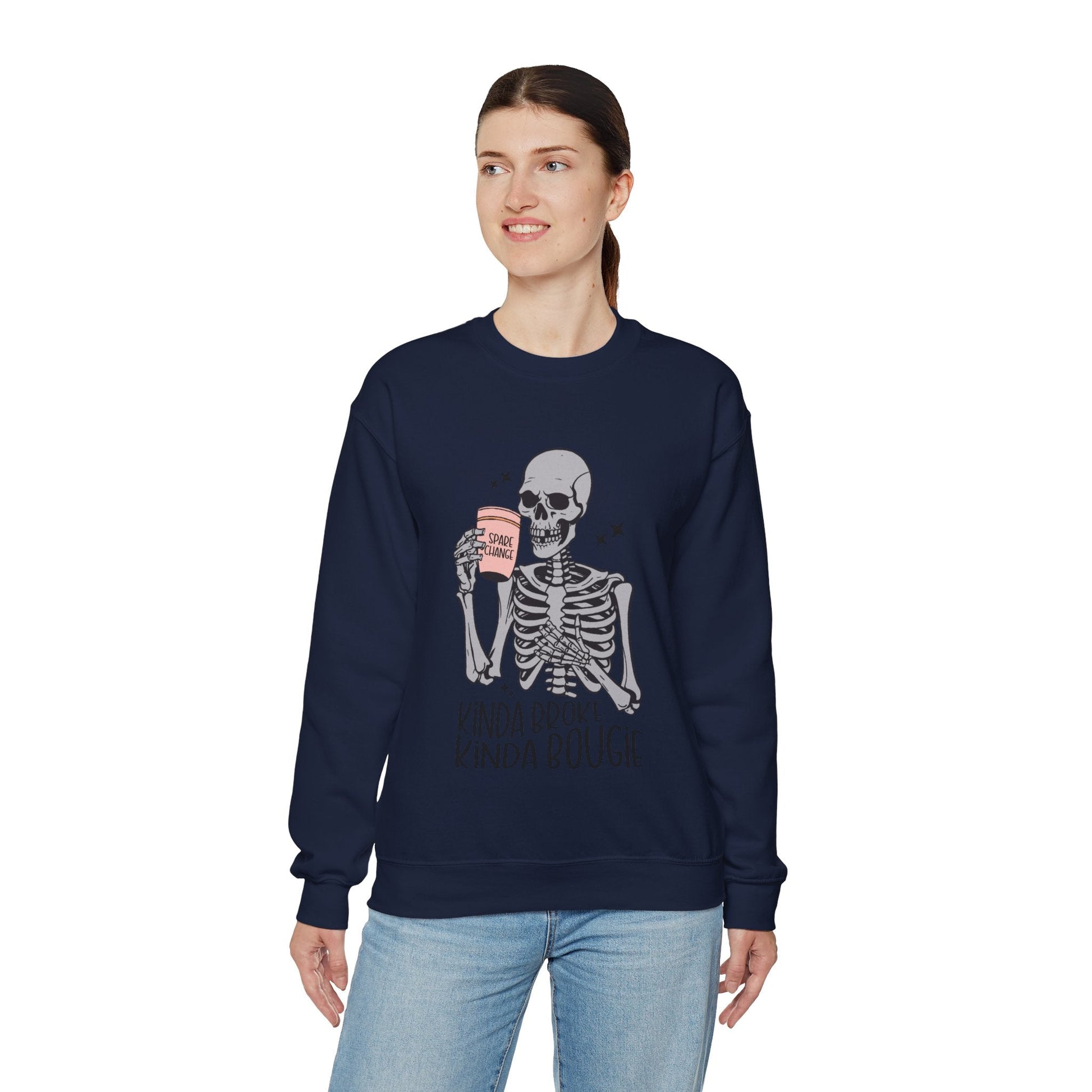 Kinda Broke Kinda Bougie Skeleton Unisex Heavy Blend™ Crewneck Sweatshirt - Moon & Starr Handcrafted Jewelry && More!